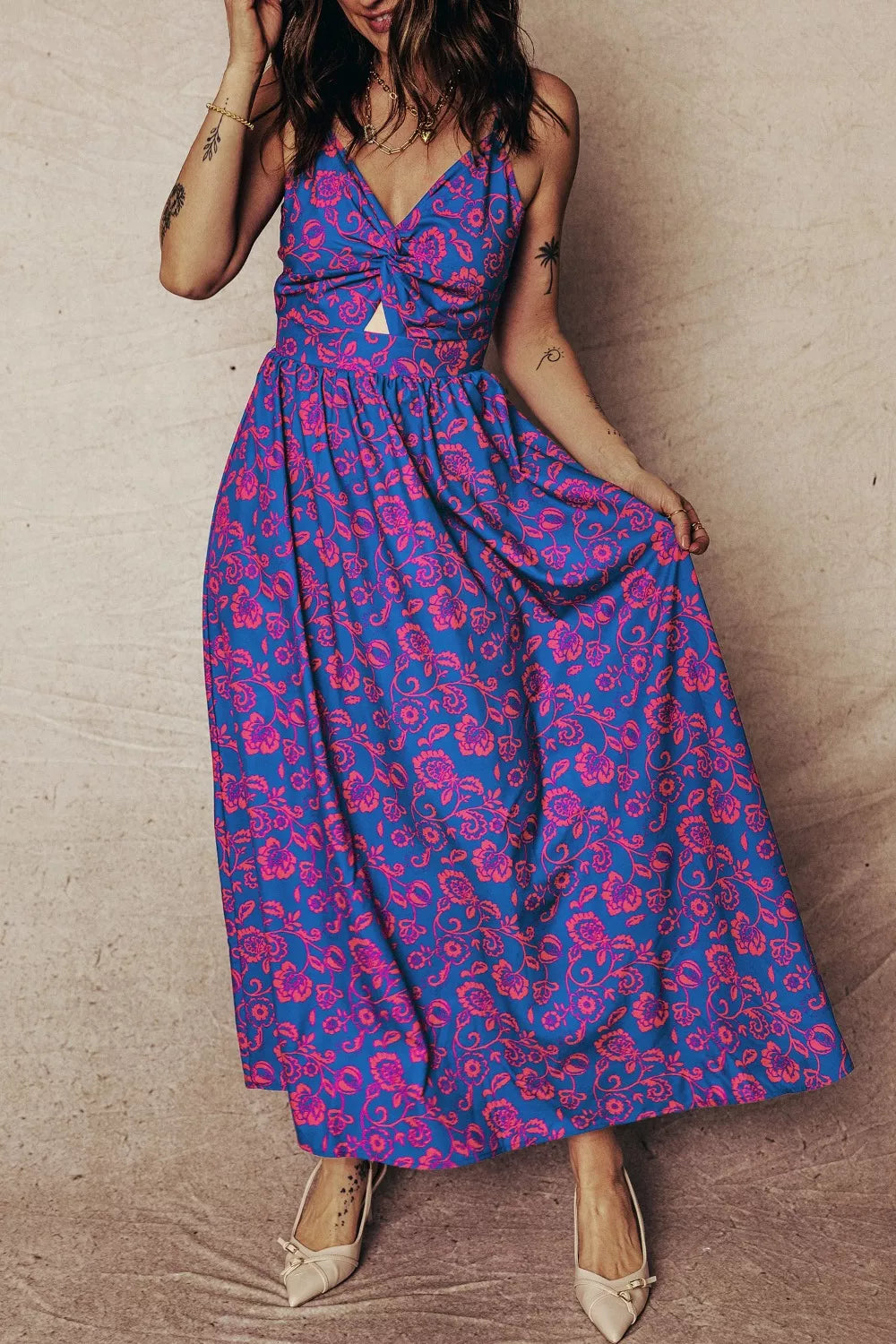 Floral Print Twisted V Neck Tied Backless Maxi Dress