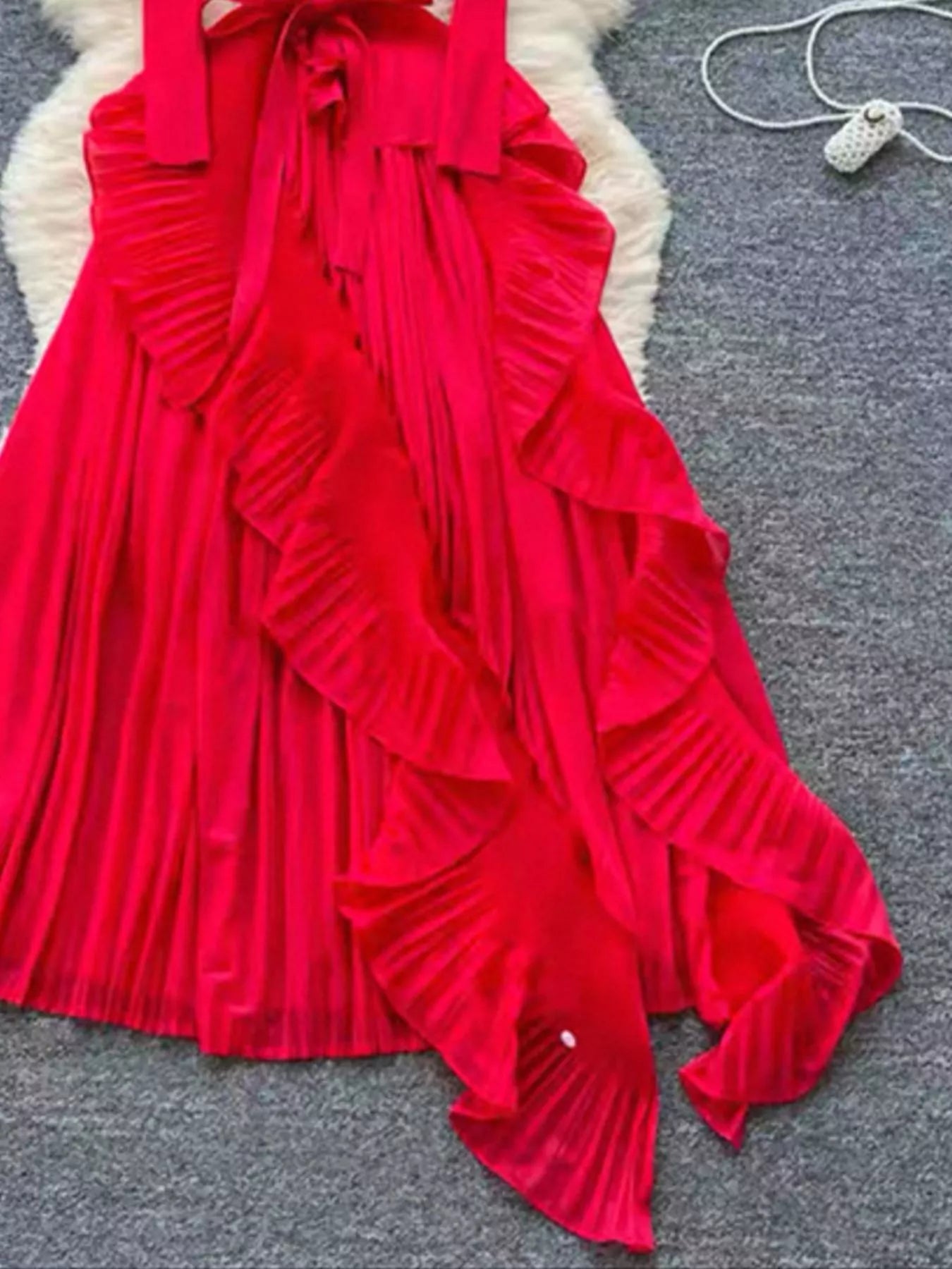 Ruffle Trim Pleated Midi Dress
