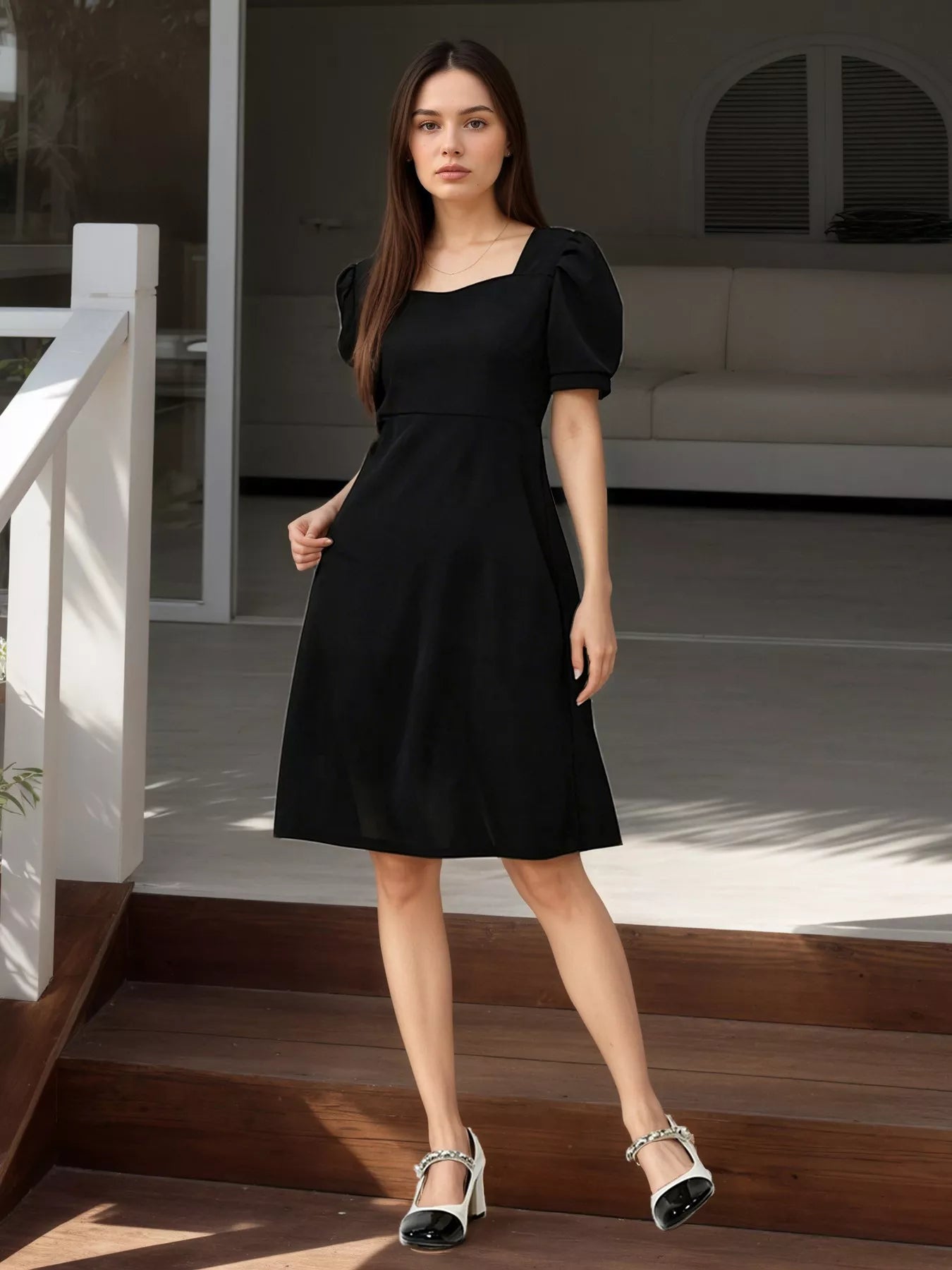Puff Sleeve Bow Back Mini Dress