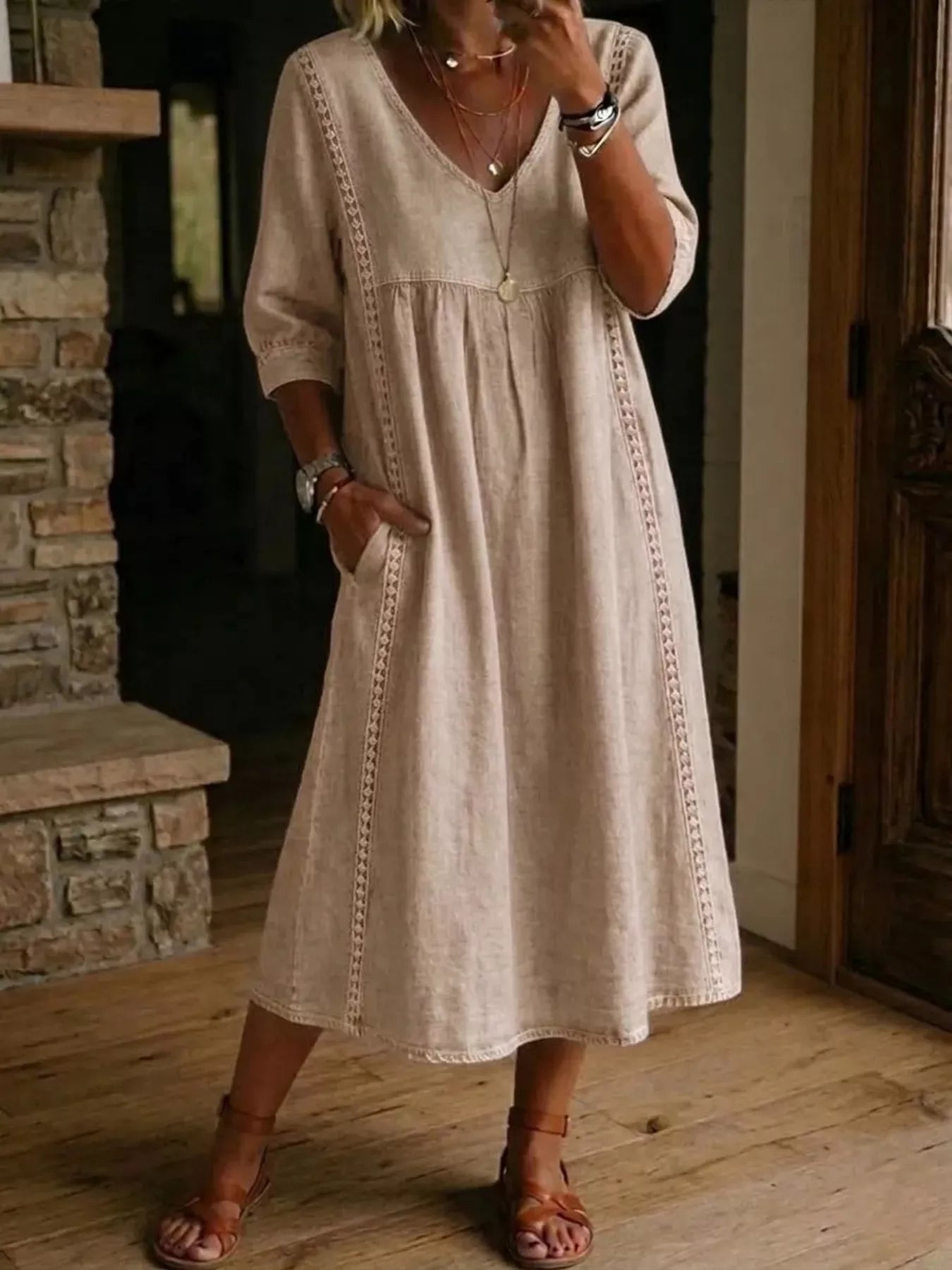 Full Size V-Neck 3/4 Sleeve Midi Dress Plus Size