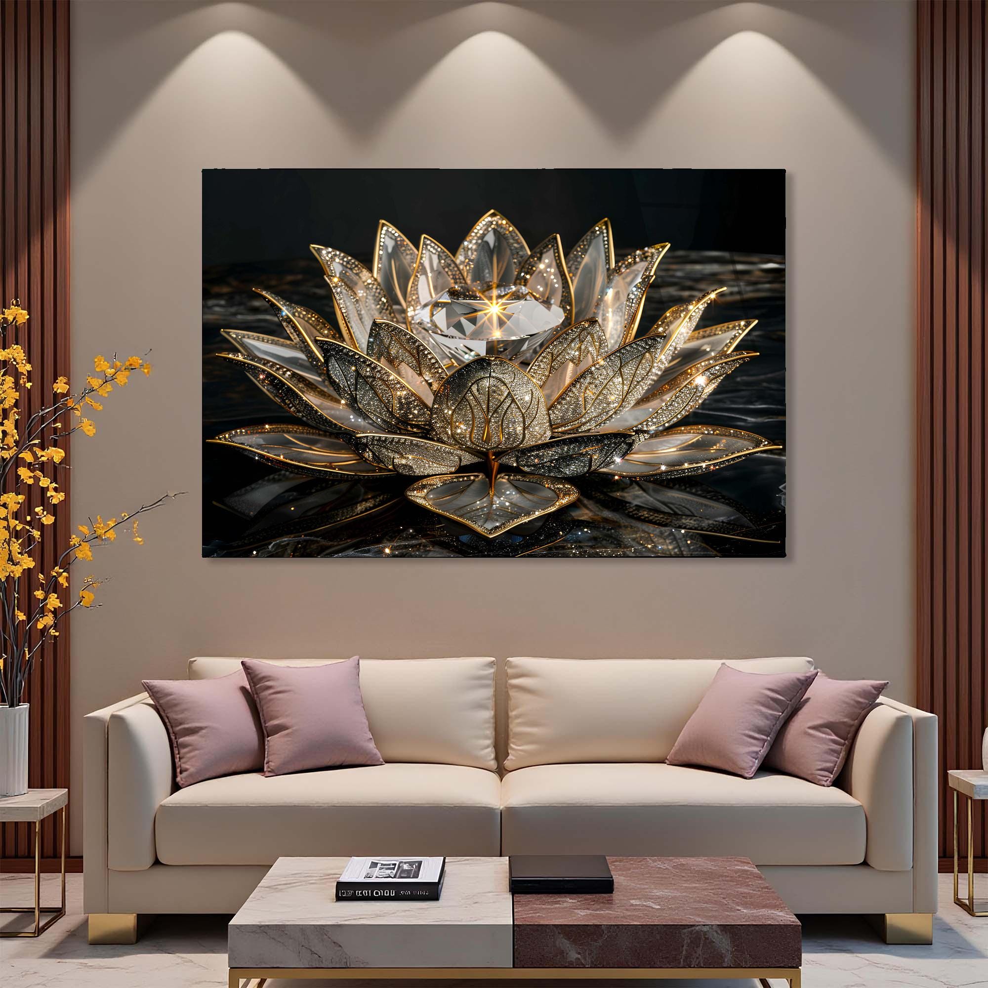 Golden Lotus Tempered Glass Wall Art | Serenity Home Decor