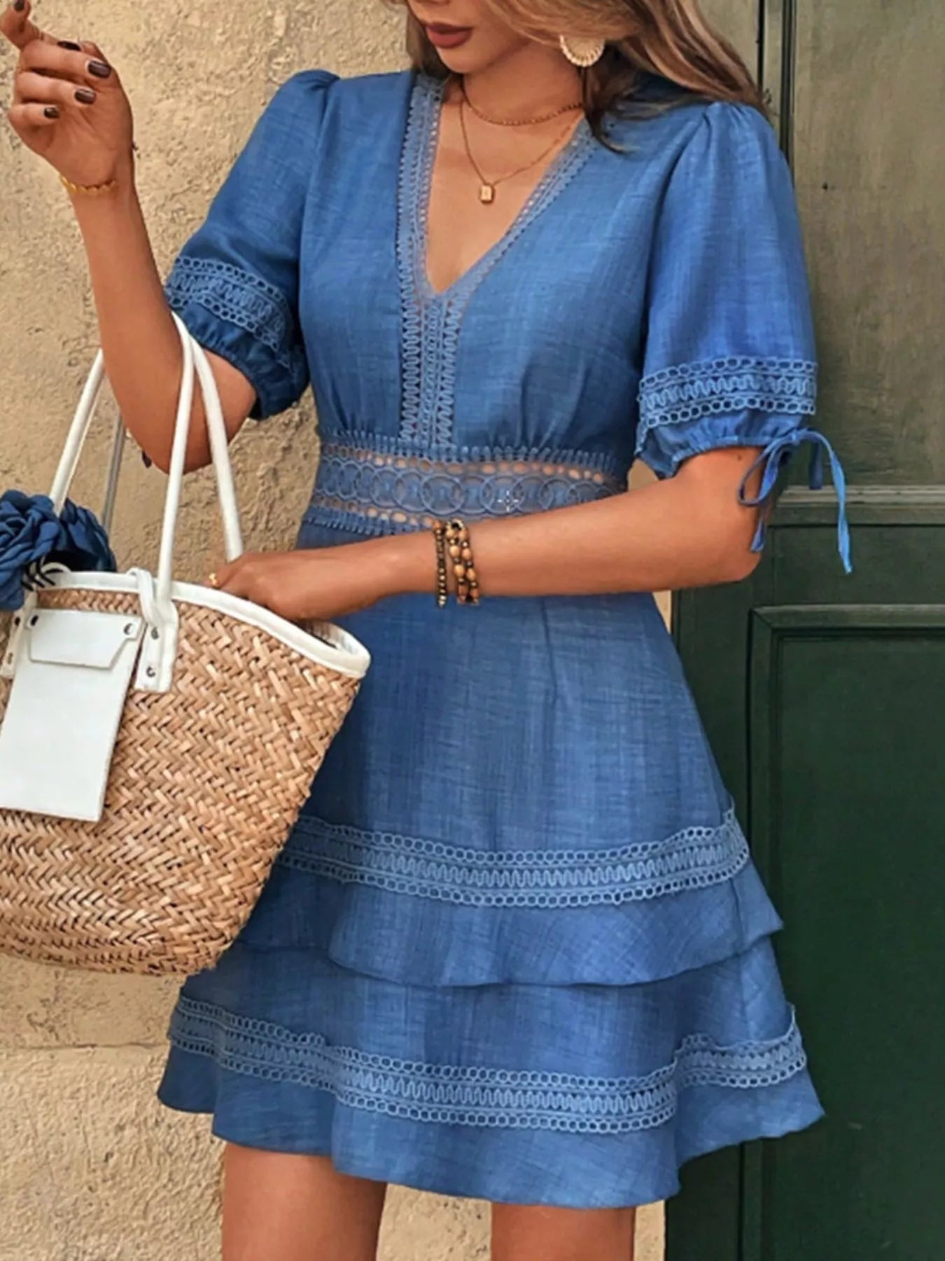 Lace Detail V-Neck Mini Dress
