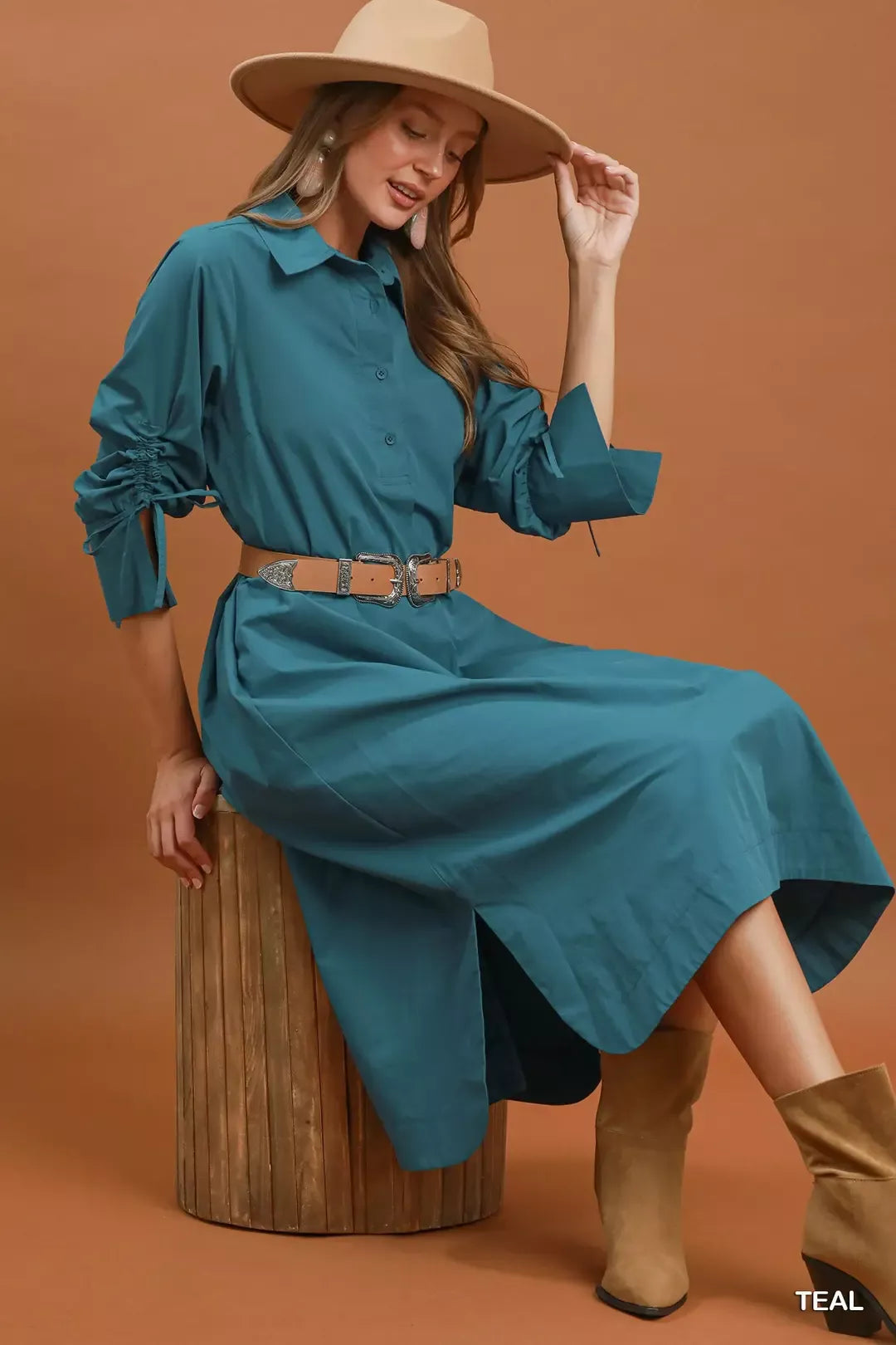 Umgee Collared Button Detail Relaxed Midi Dress