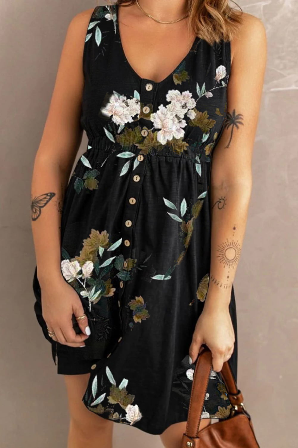 Double Take Printed Sleeveless Front Button Ruched Waist Side Slit Casual Magic Dress with Pockets
