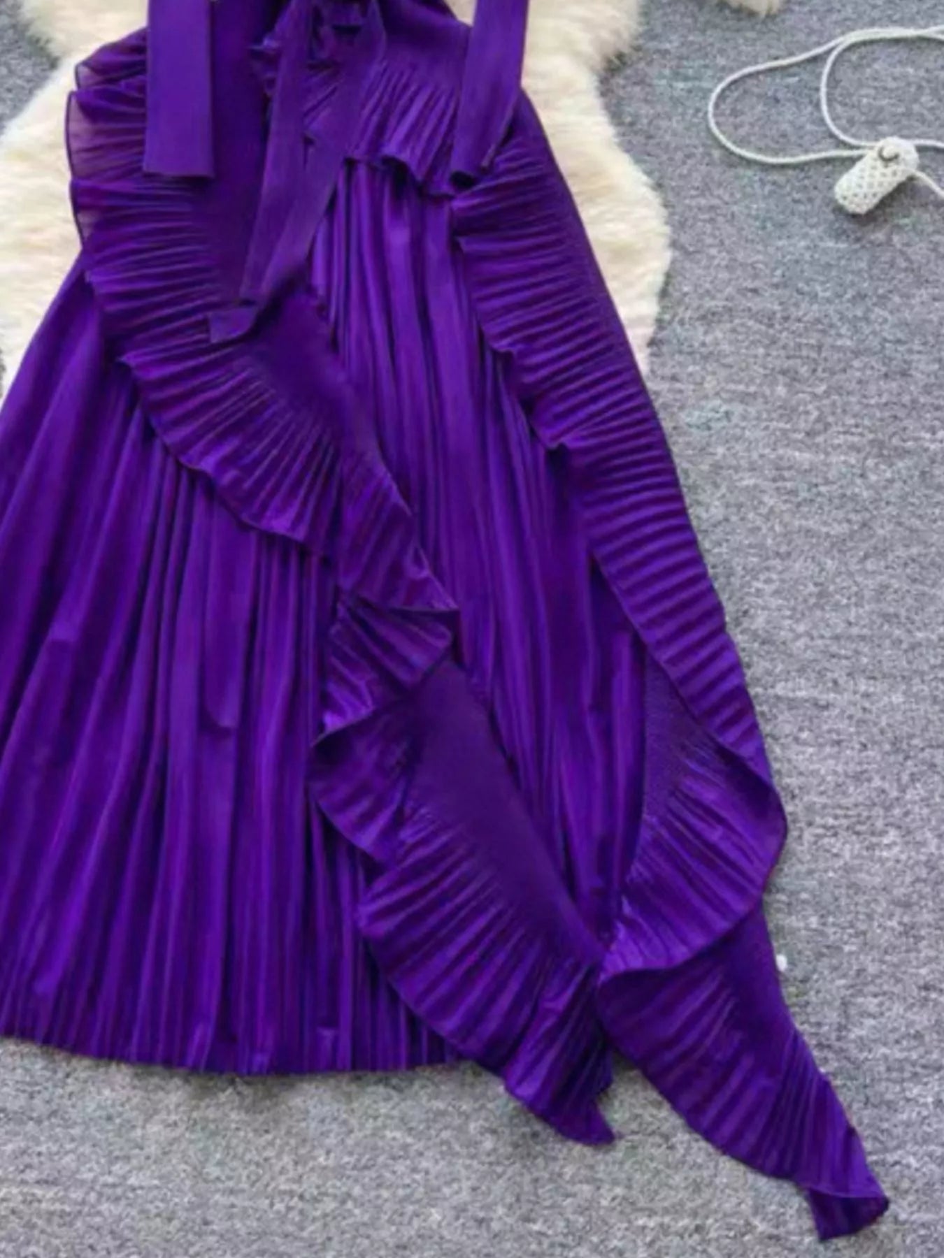 Ruffle Trim Pleated Midi Dress