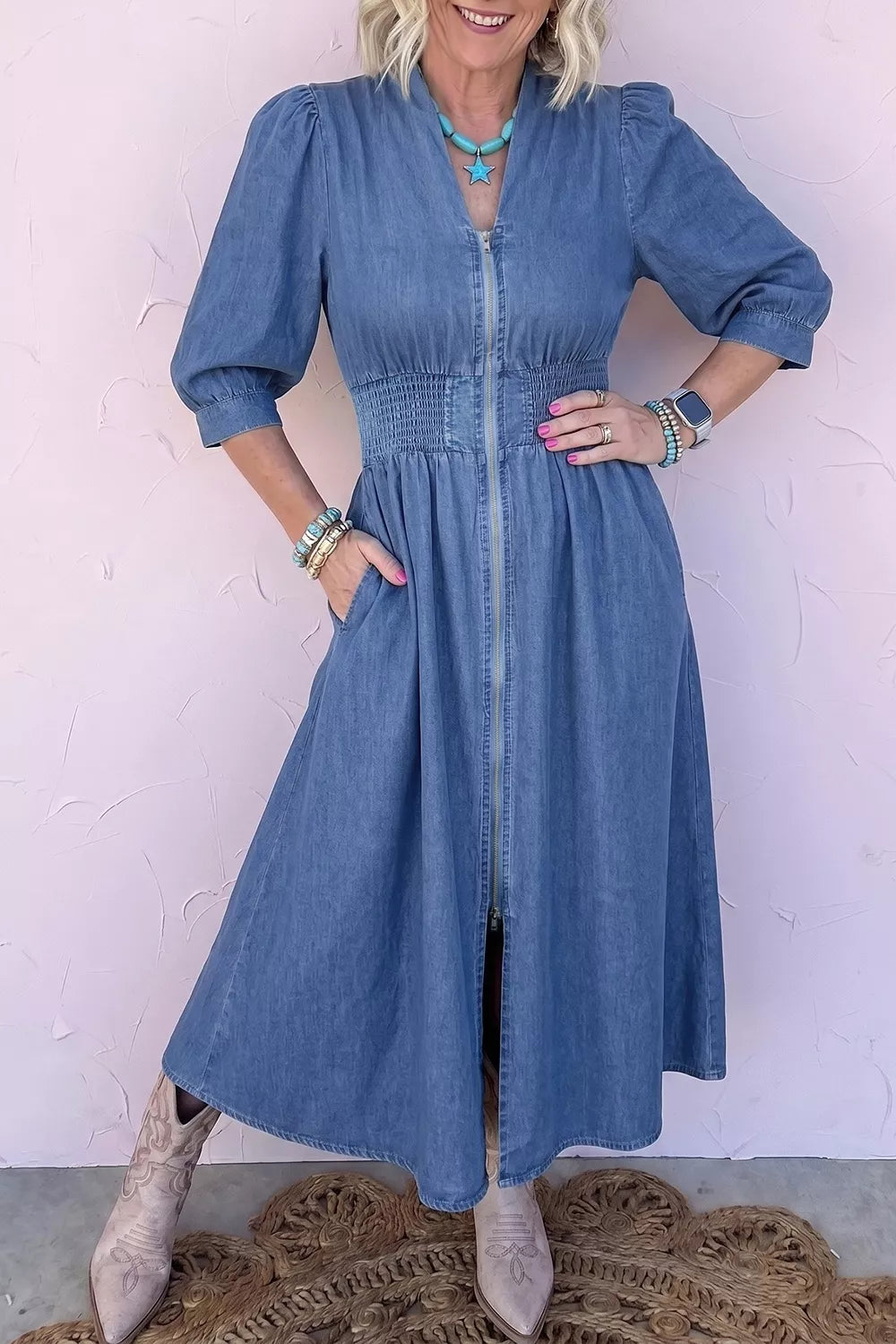 V Neck Shirred Waist Metal Zipper Denim Midi Dress