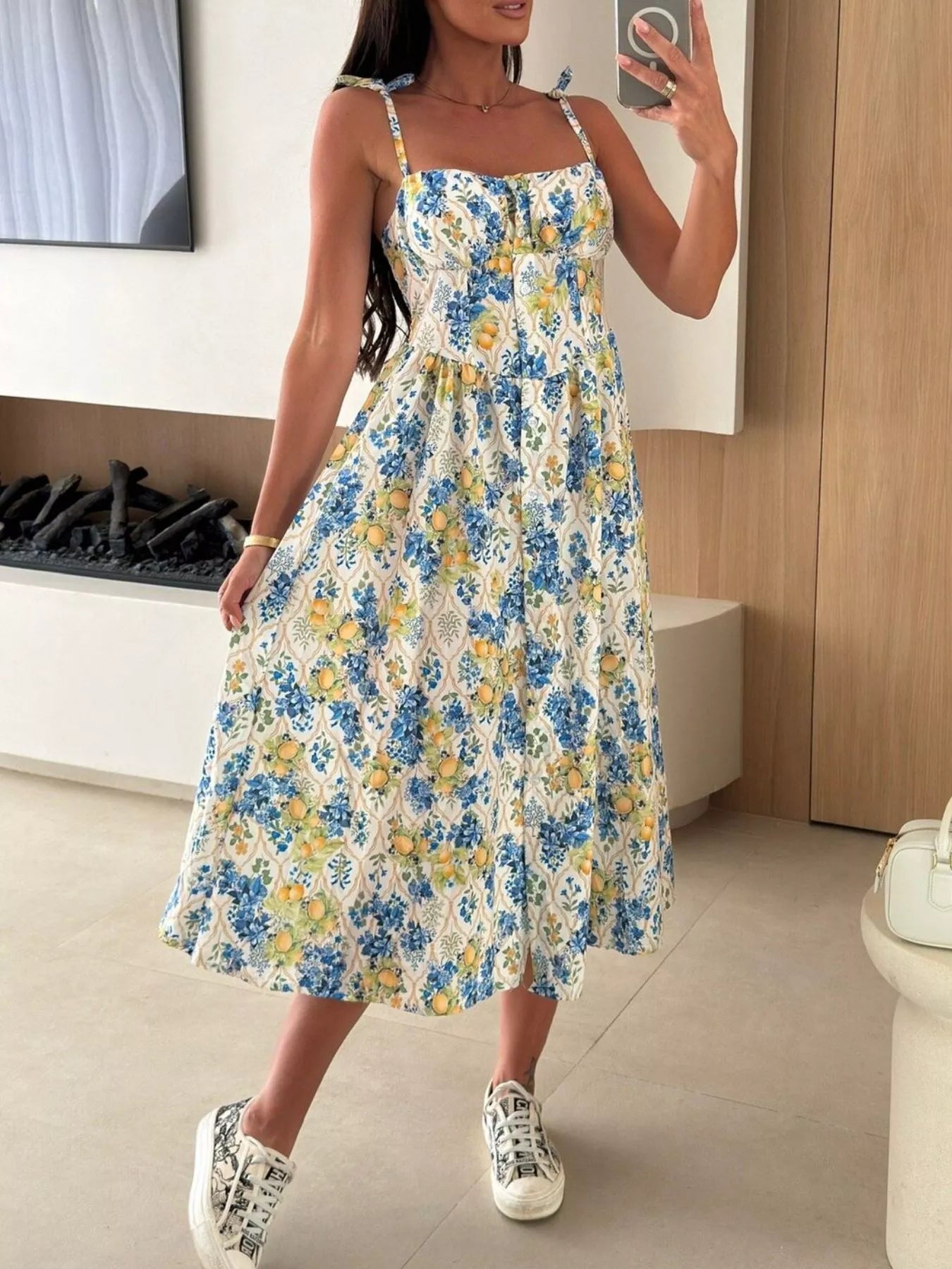 Printed Tie-Strap Midi Dress