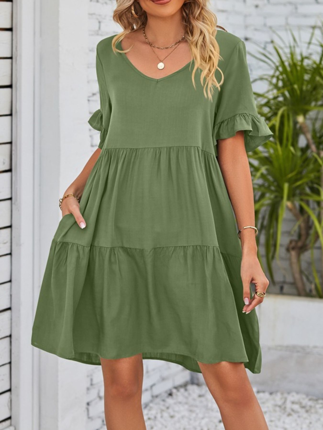Ruffled Sleeve Tiered Mini Dress