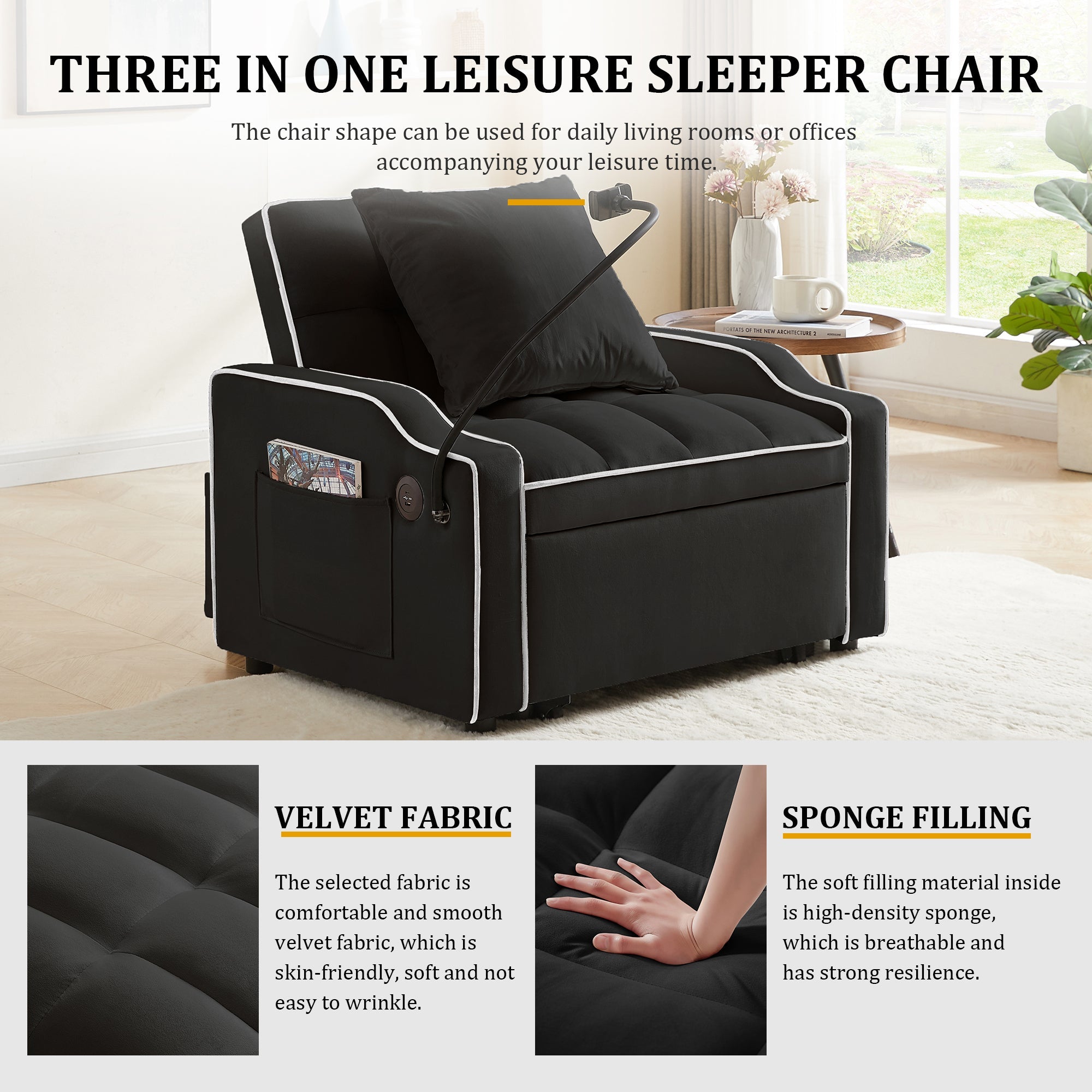 Sleeper Sofa Chair Bed - 3 In 1 Convertible Design