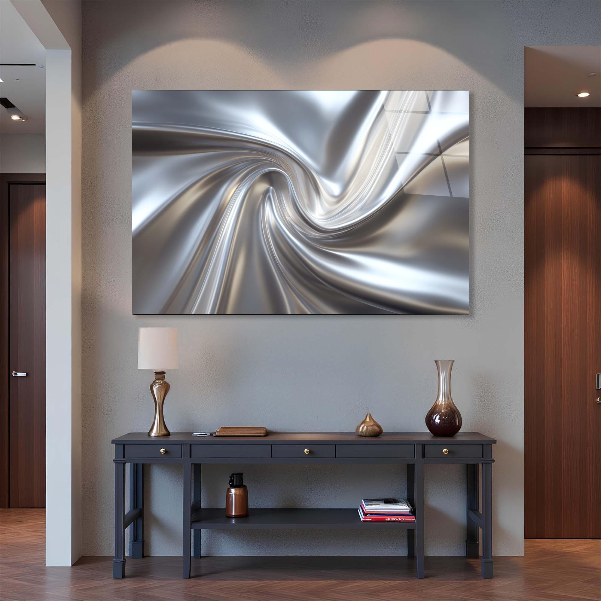 Abstract Silver Swirl Tempered Glass Wall Art | Modern Metallic Decor