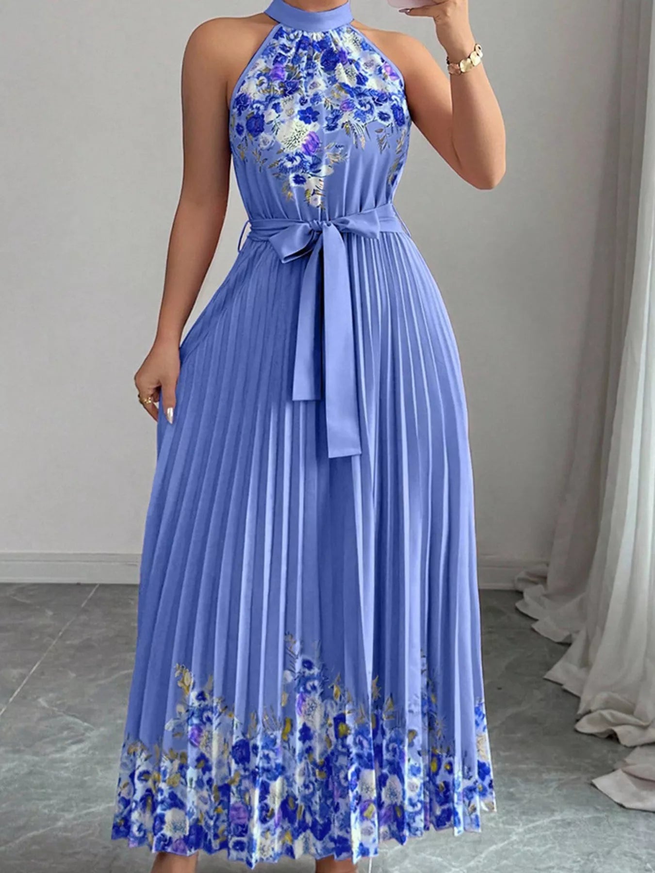 Halter Neck Floral Print Pleated Maxi Dress