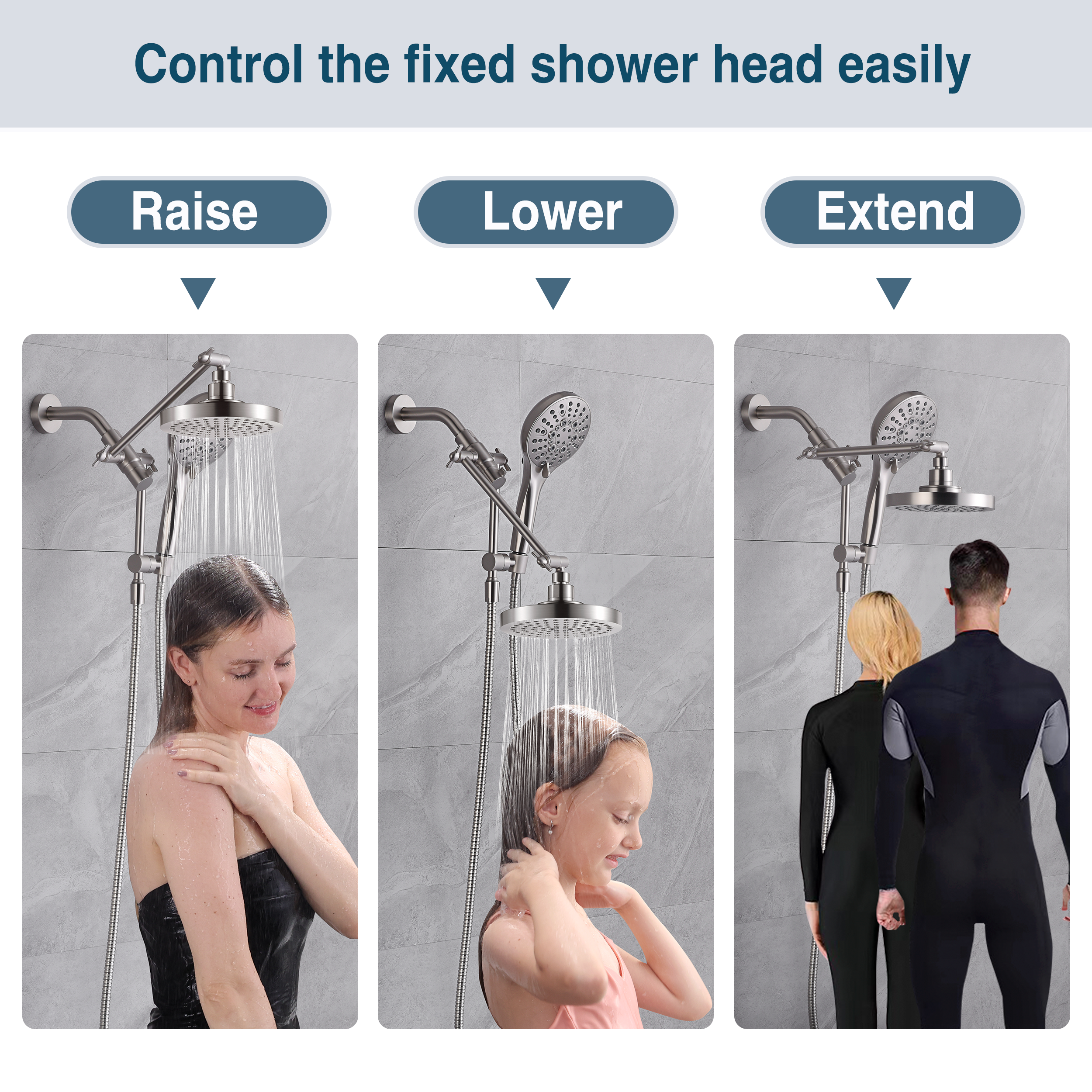 Dual Shower Head with Adjustable Extension Arm, 3-Way Diverter and Hose