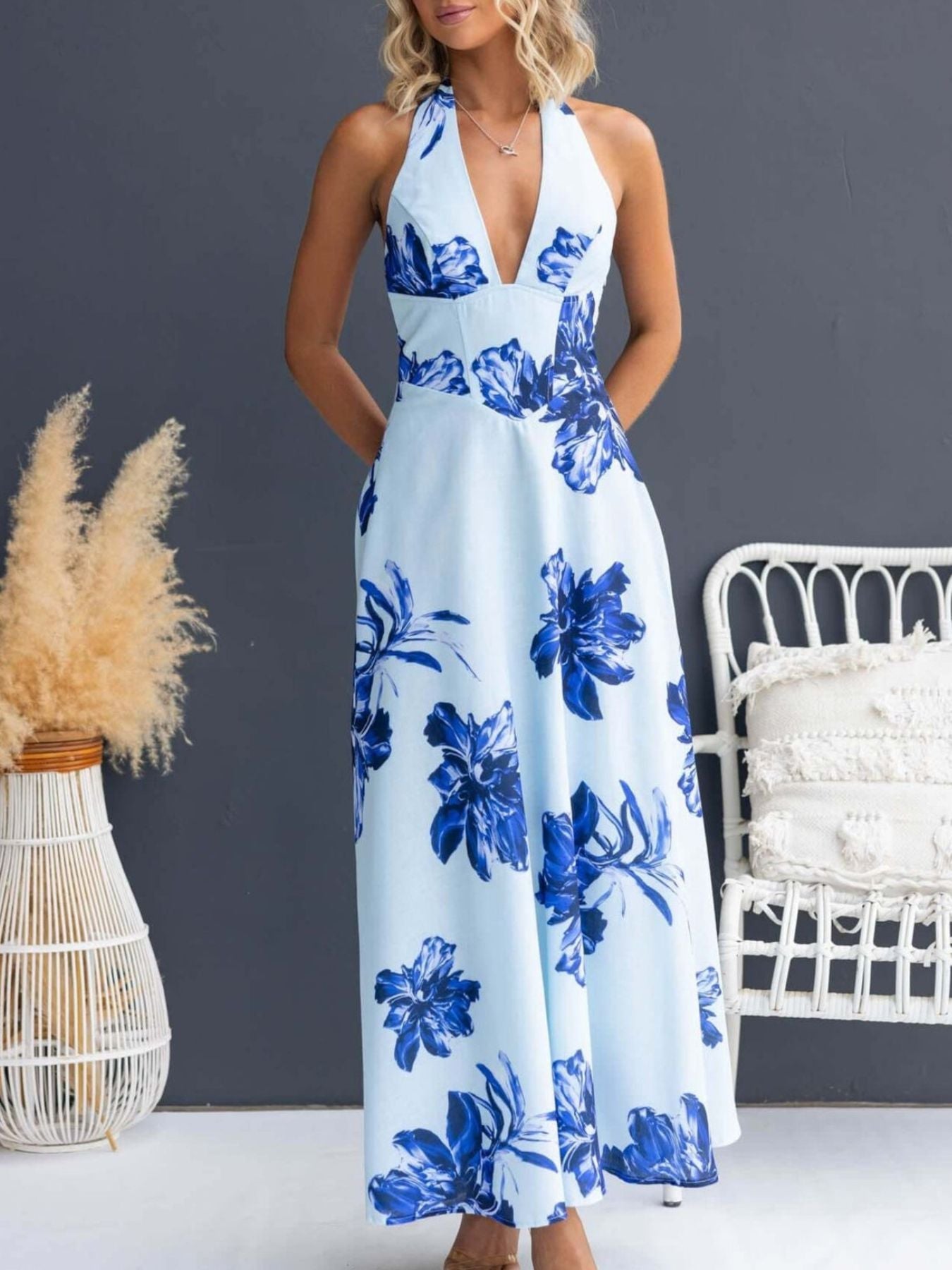 Floral Print Halter Neck Maxi Dress