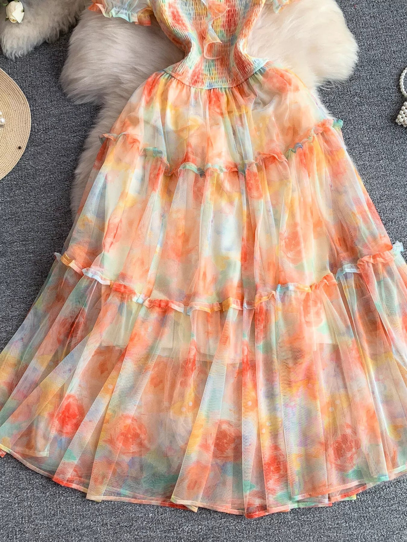 Smocked Floral Tiered Mesh Midi Dress
