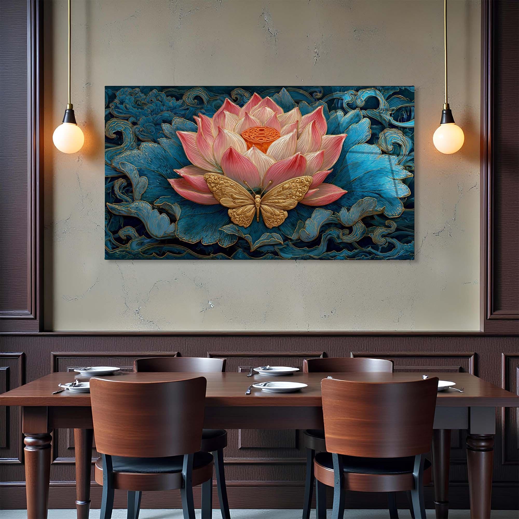 Lotus Butterfly Tempered Glass Wall Art | Asian Inspired Décor