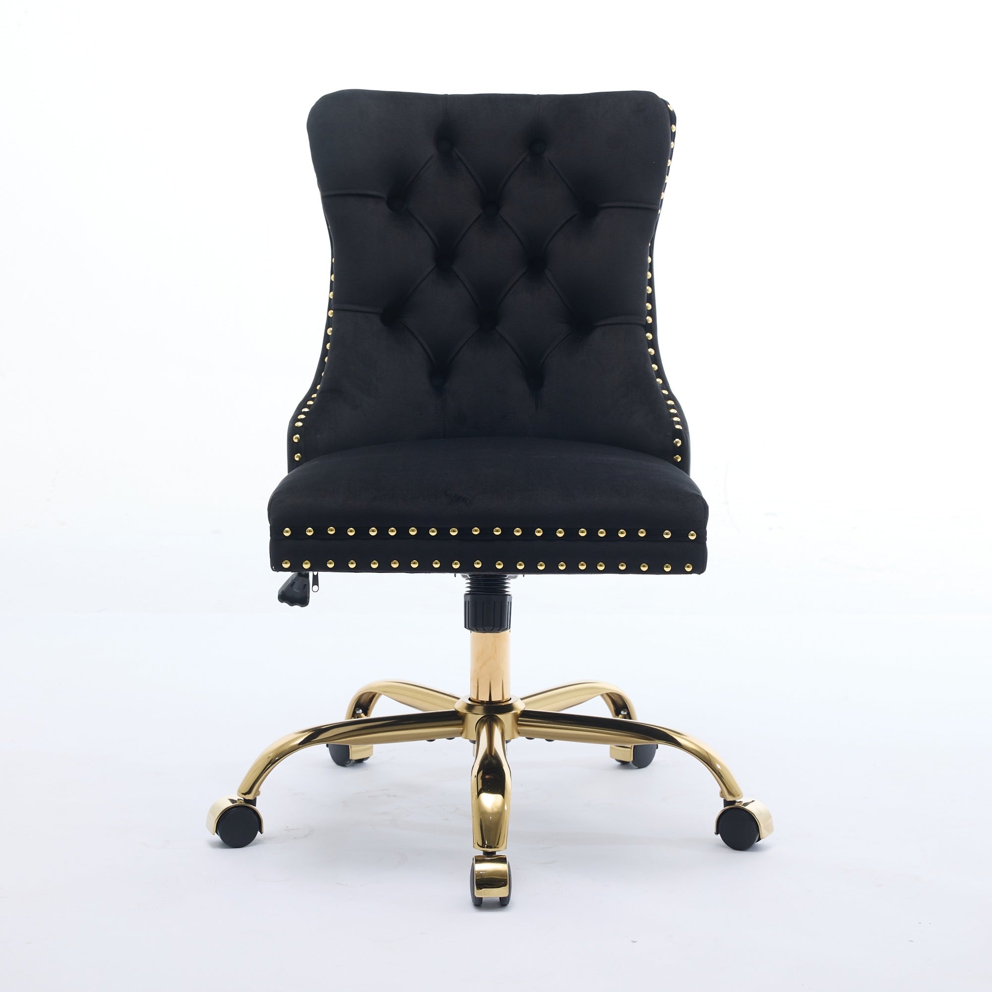 Swivel Office Chair Velvet Black Tufted Button Gold Metal Base 24.8x38.6 In