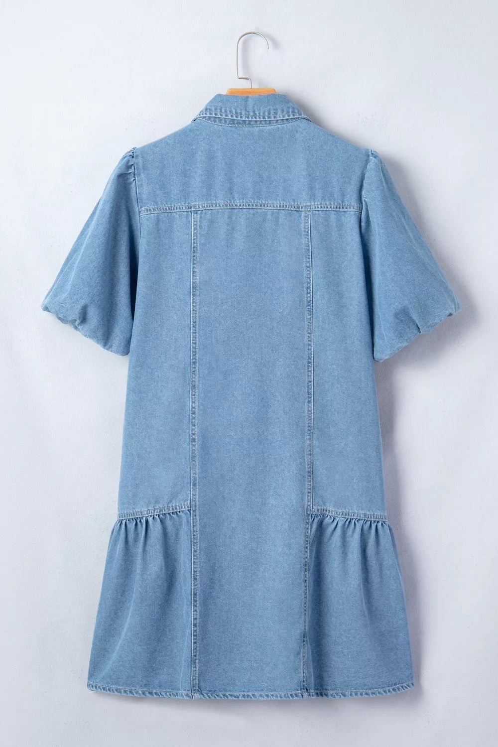 Button Down Short Puff Sleeve Ruffle Hem Denim Dress