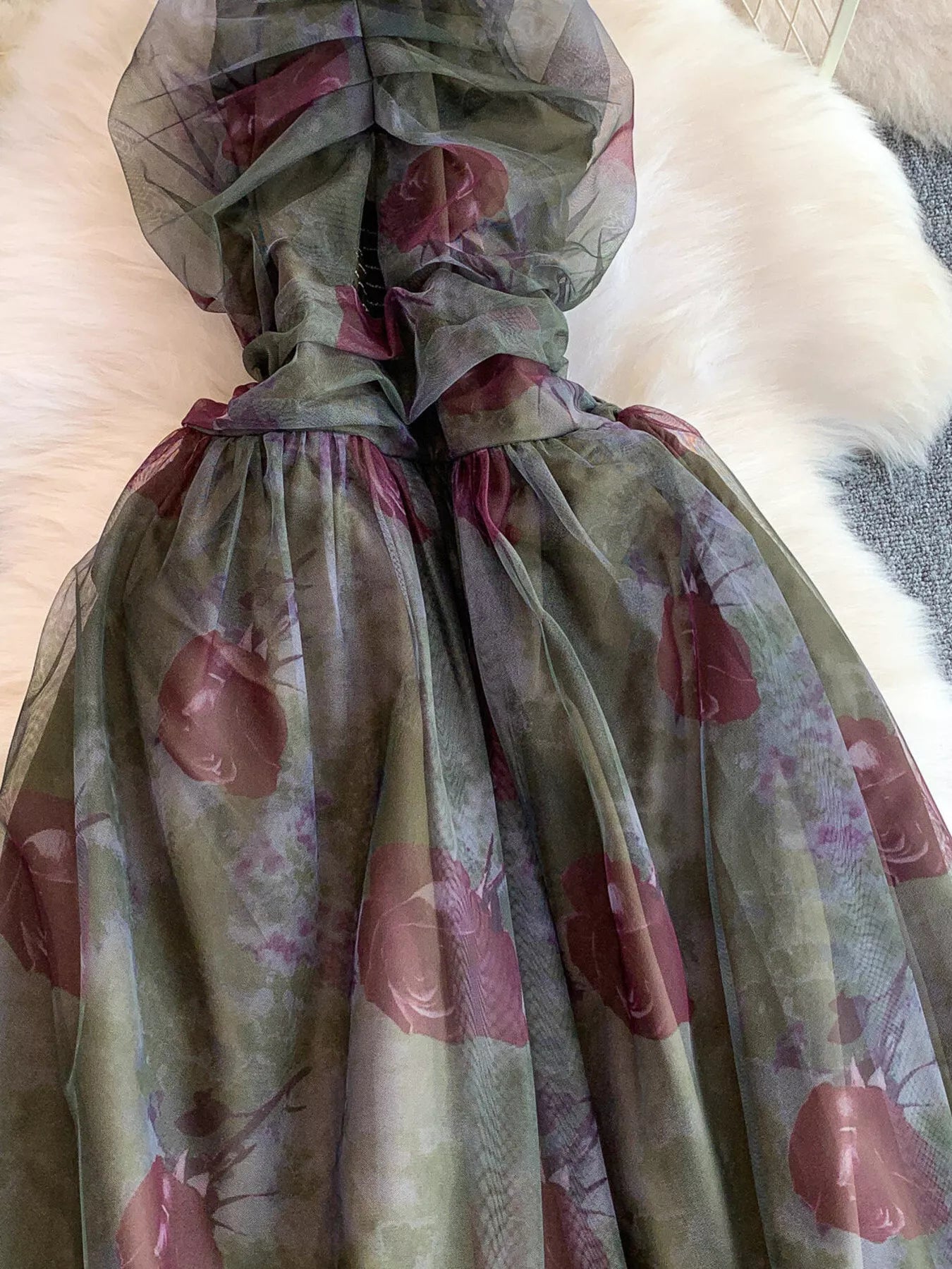 Floral Print Ruffled Layered Mesh Dress