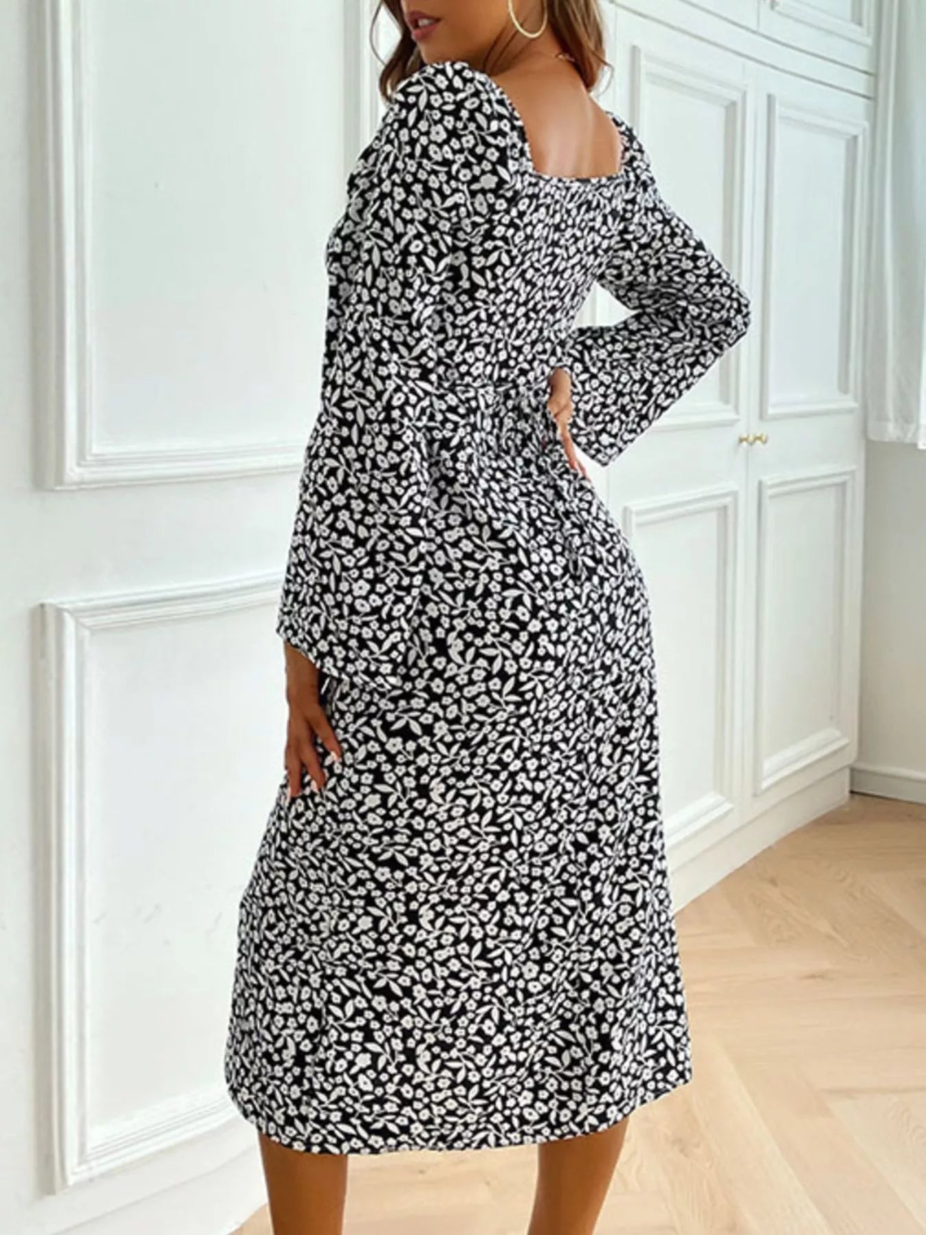 Printed Tie Flare Sleeve Midi Dress