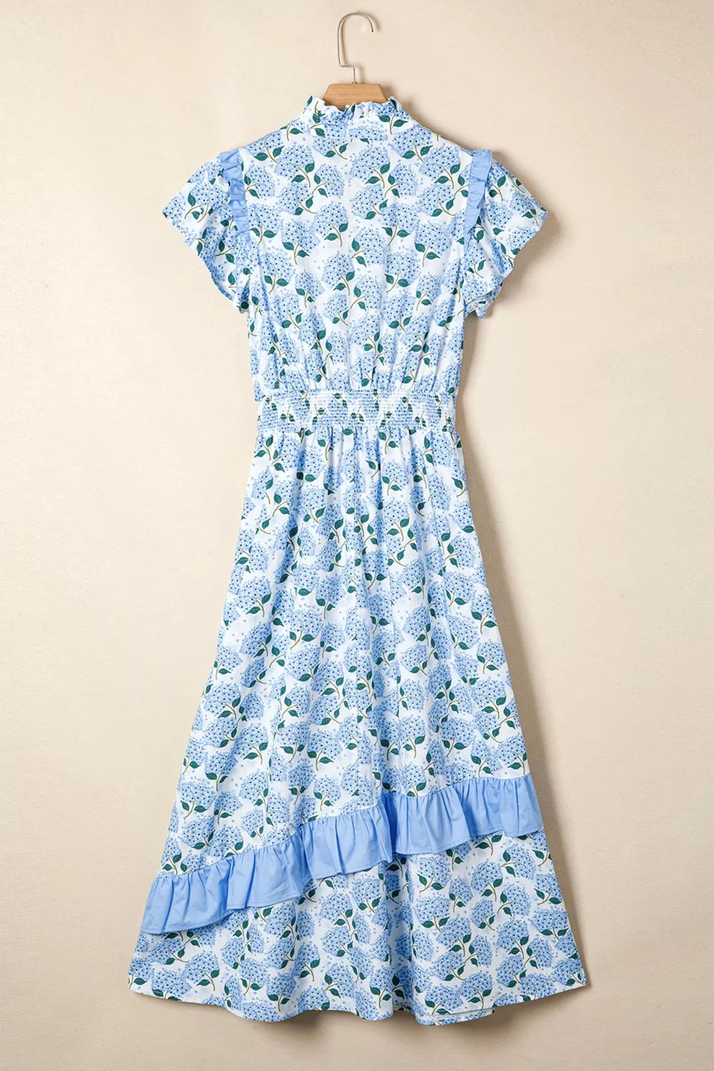 Hydrangea Floral Print Ruffle Trim Flutter Sleeve Dress