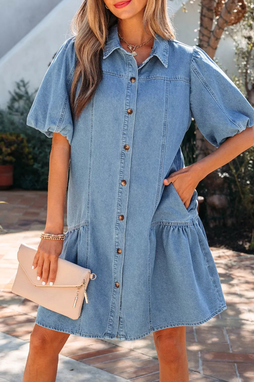 Button Down Short Puff Sleeve Ruffle Hem Denim Dress