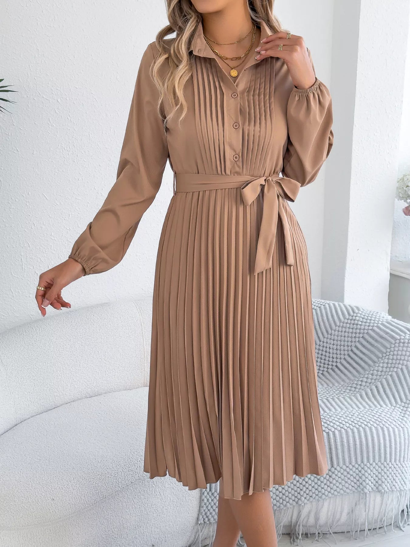 Pleated Tie Waist Balloon Sleeve Dress