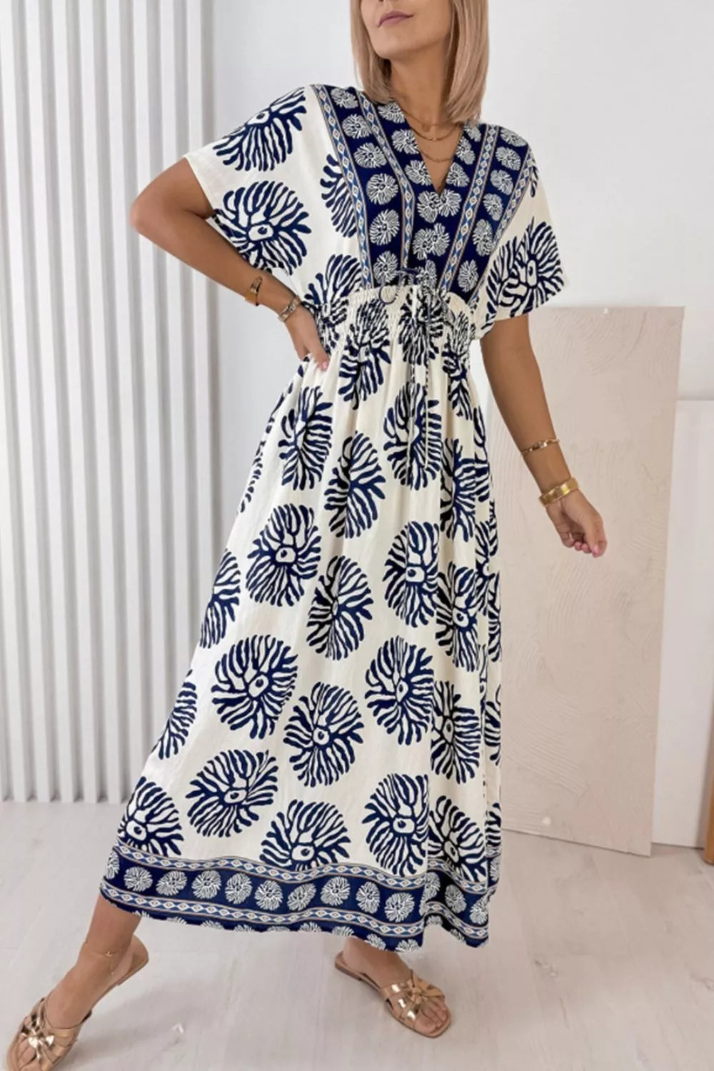 Floral Print Contrast Patchwork V Neck Dolman Dress