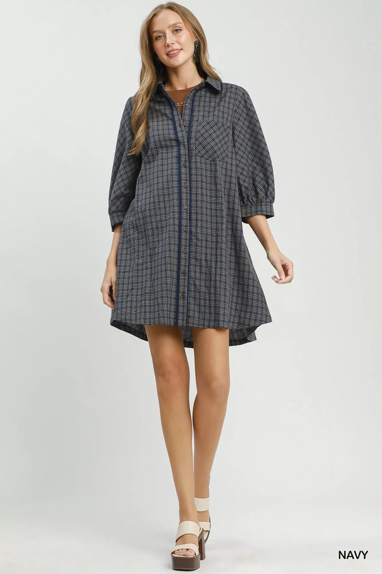 Umgee Plaid Button Down Oversized Shirt Dress