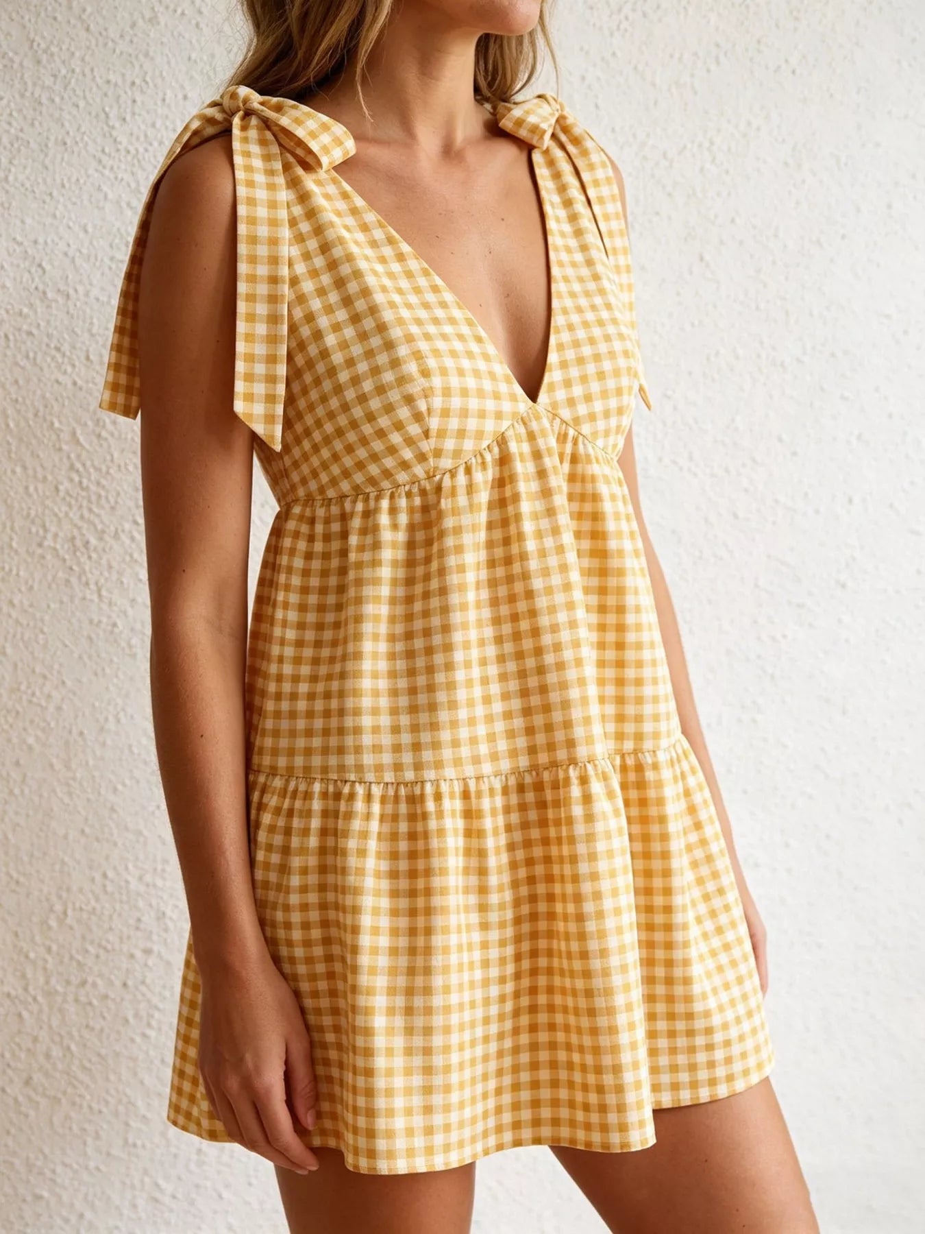 Gingham Tie-Shoulder Mini Dress