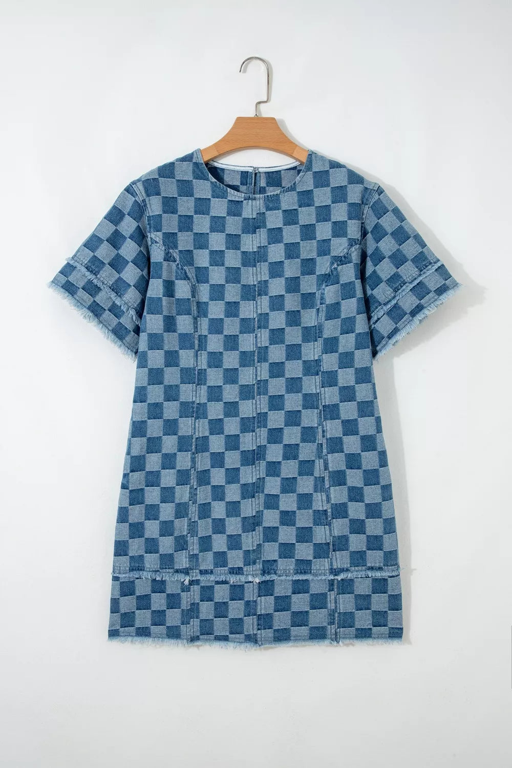 Frayed Hem Checkered Denim Mini Dress