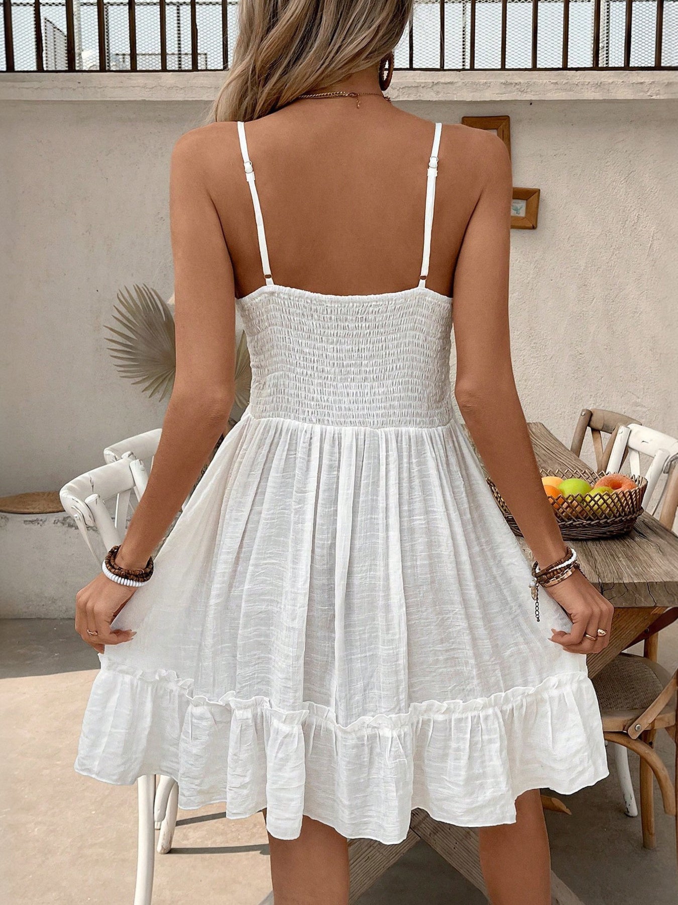 Lace-Up V-Neck Ruffle Hem Mini Dress