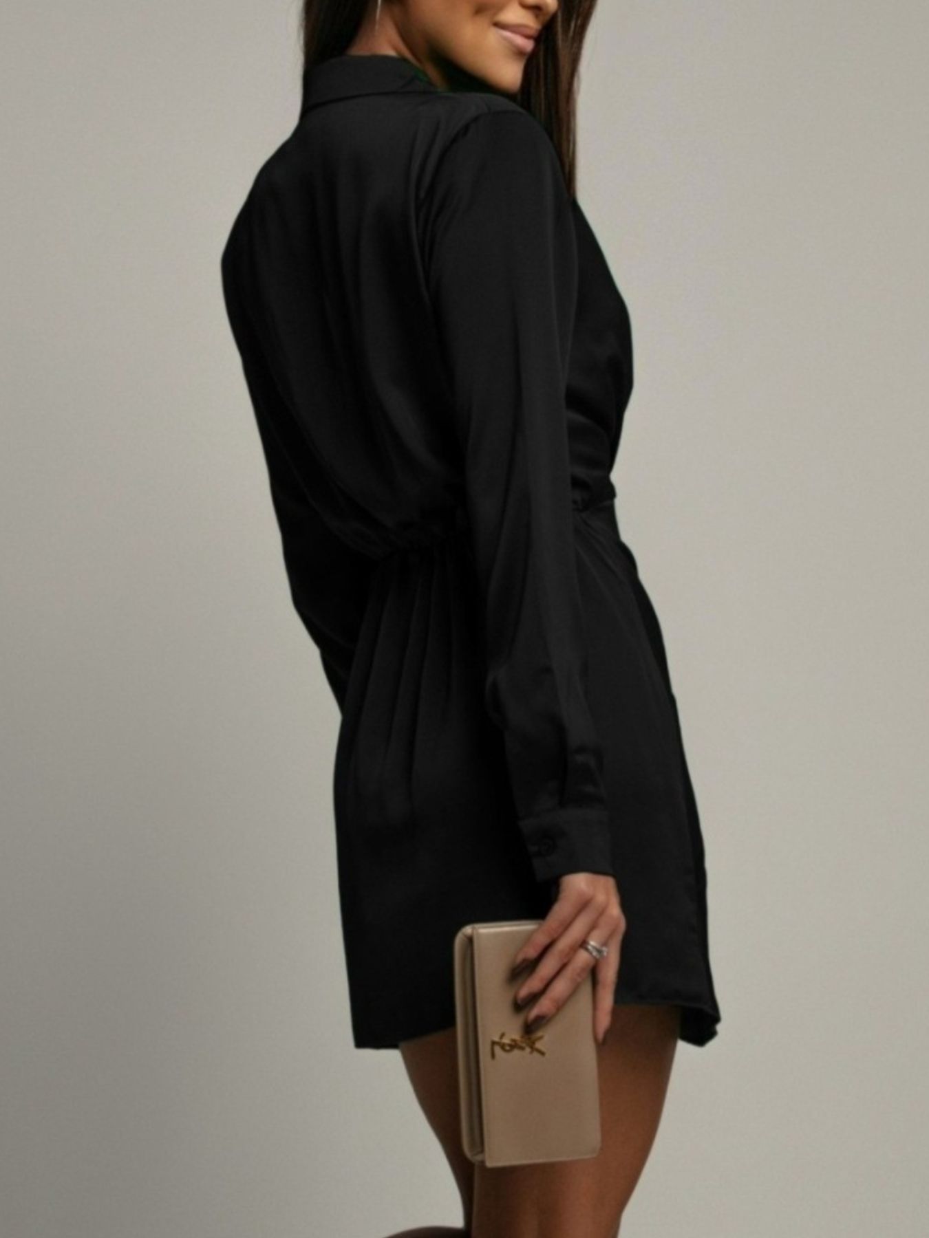 Collared Neck Long Sleeve Satin Dress