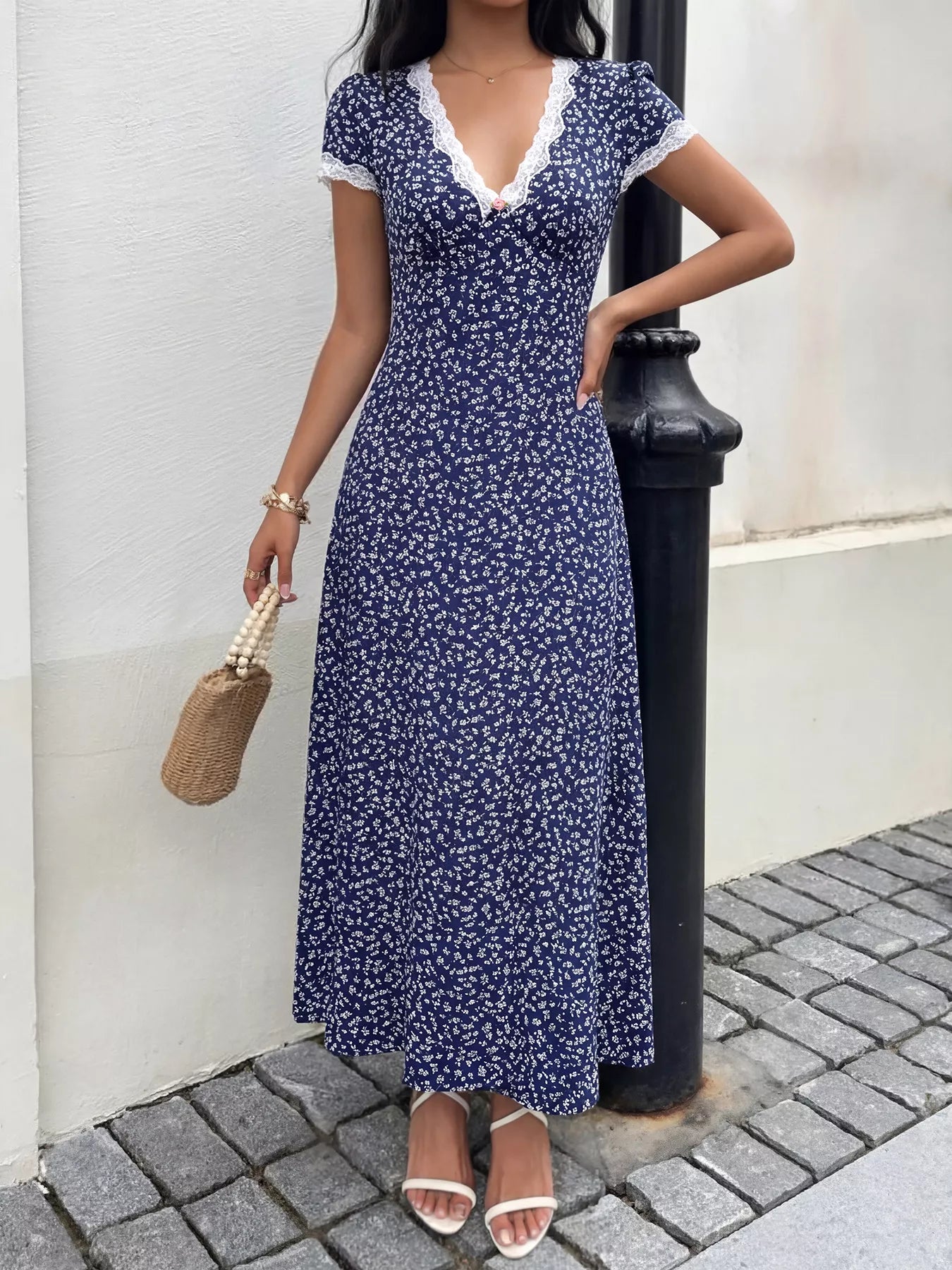 Floral Print Lace Trim Maxi Dress