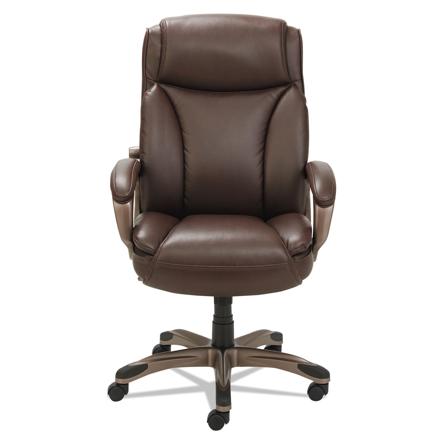 Alera Veon Series Executive High-Back Bonded Leather Chair, Supports Up to 275 lb, Brown Seat/Back, Bronze Base - Overture Gifts