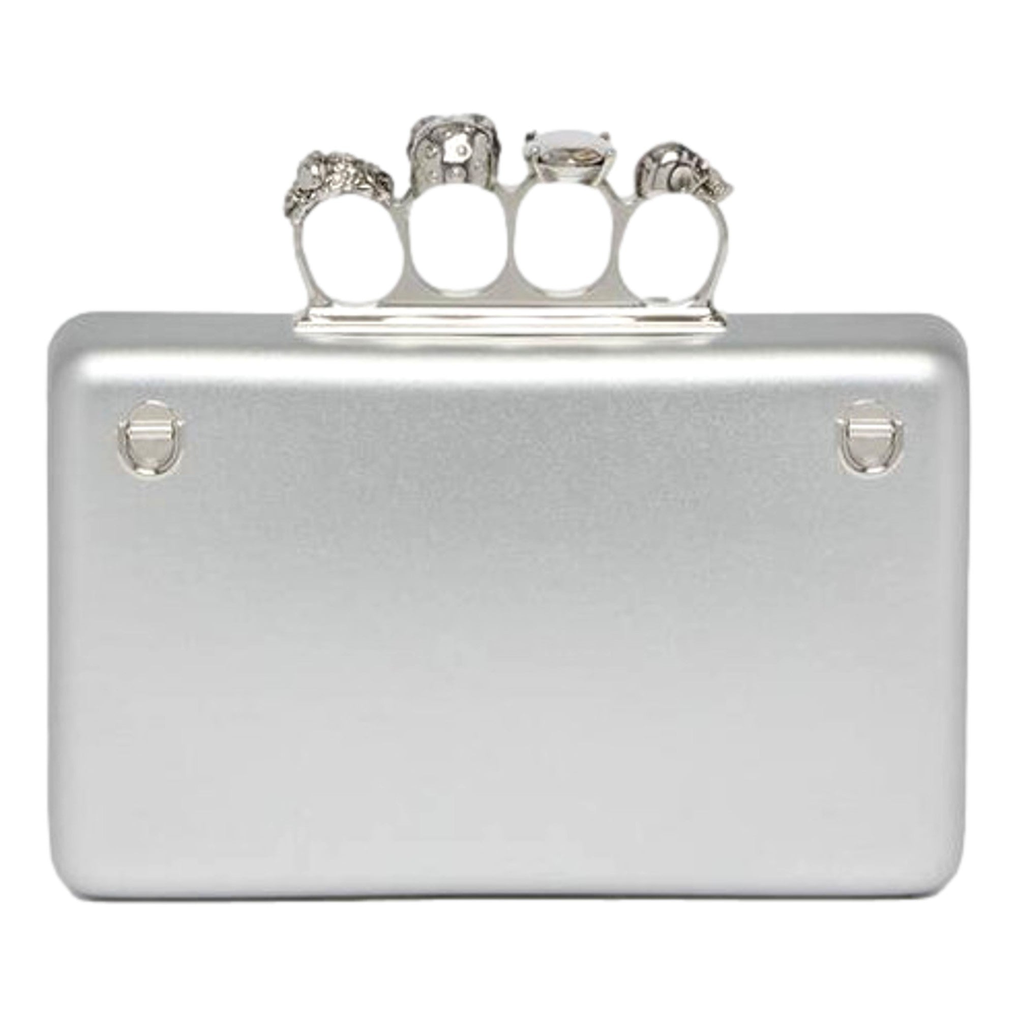 Alexander McQueen The Knuckle Silver Metallic Leather Zip Around Crossbody Bag Skull