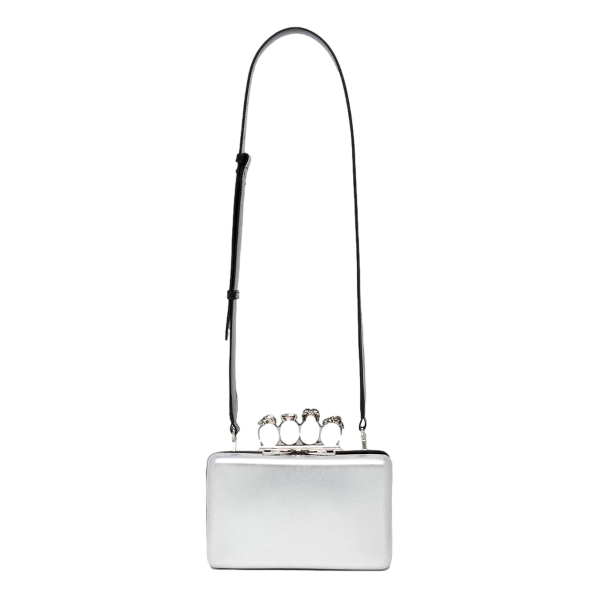 Alexander McQueen The Knuckle Silver Metallic Leather Zip Around Crossbody Bag Skull