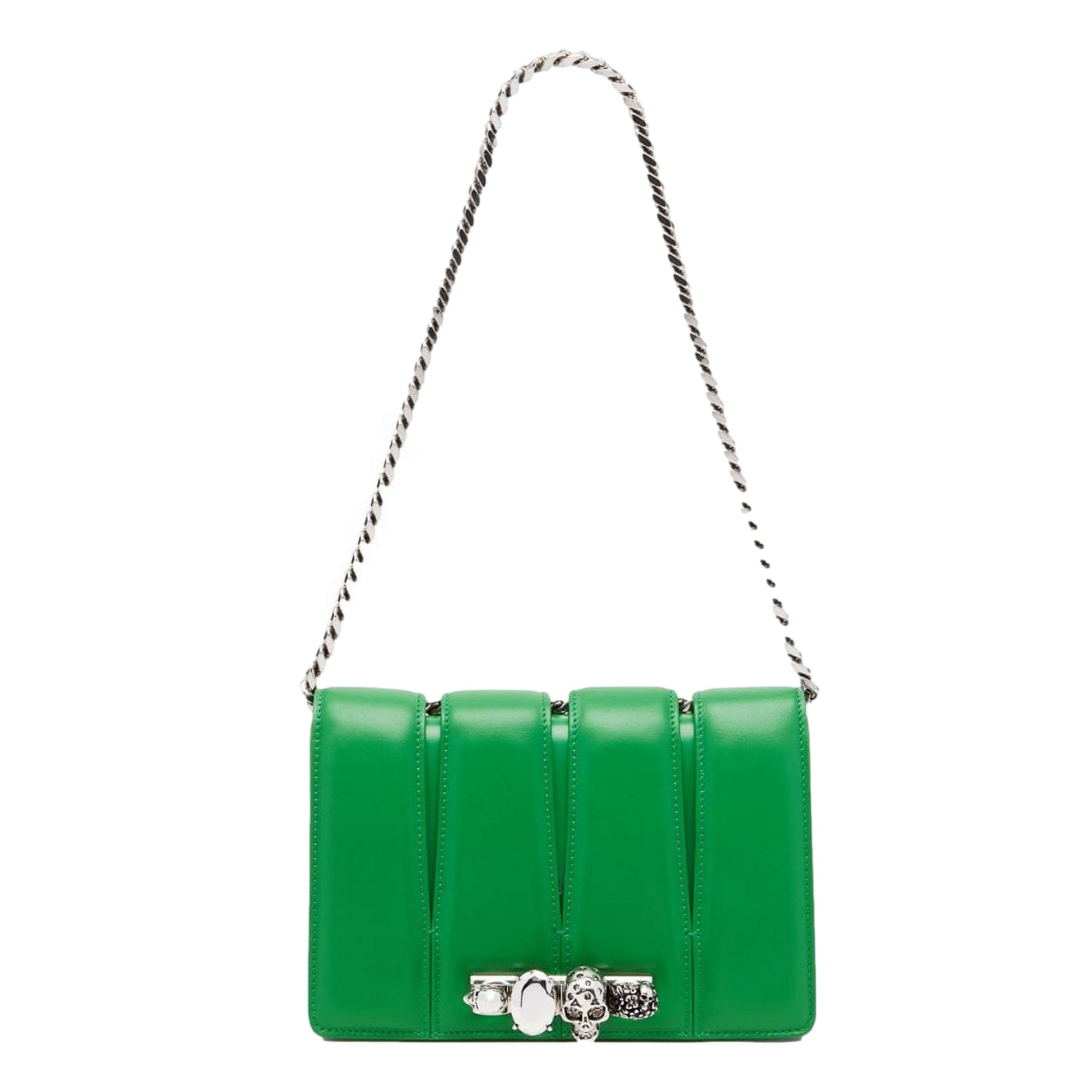 Alexander McQueen The Slash Skull Ring Clutch Bright Green Smooth Leather Silver Hardware