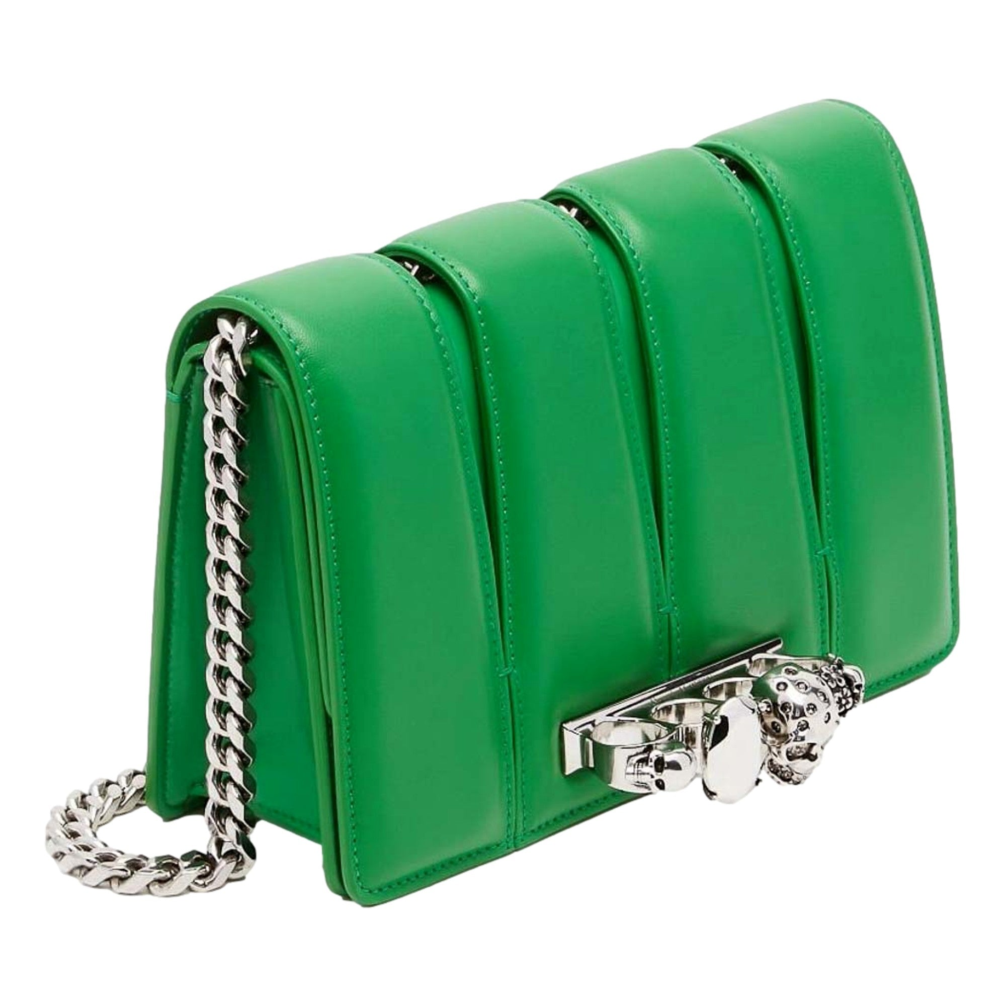 Alexander McQueen The Slash Skull Ring Clutch Bright Green Smooth Leather Silver Hardware