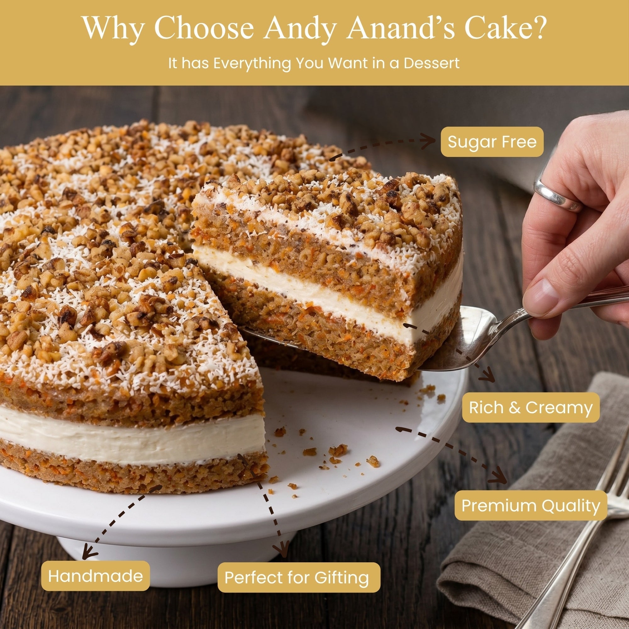 Andy Anand Sugar-Free Carrot Cake, 9-Inch, 3.2 lb – Moist & Flavorful, Diabetic-Friendly, All-Natural, No Preservatives, Birthday Gift Box - Overture Gifts