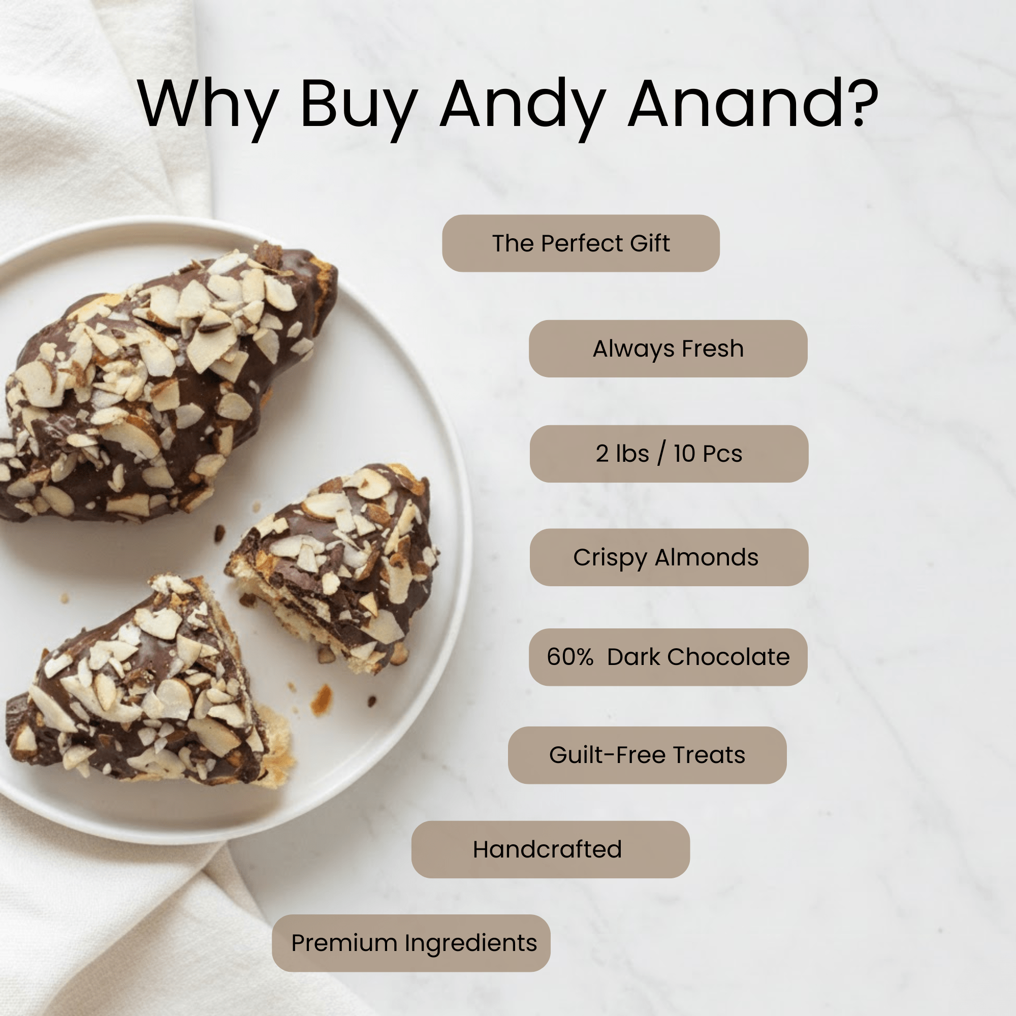 Andy Anand Sugar-Free Dark Chocolate Almond Croissant Cake, 10 pc, 2 lb – Keto & Diabetic-Friendly, Hand-Rolled, No Preservatives Gift Box - Overture Gifts