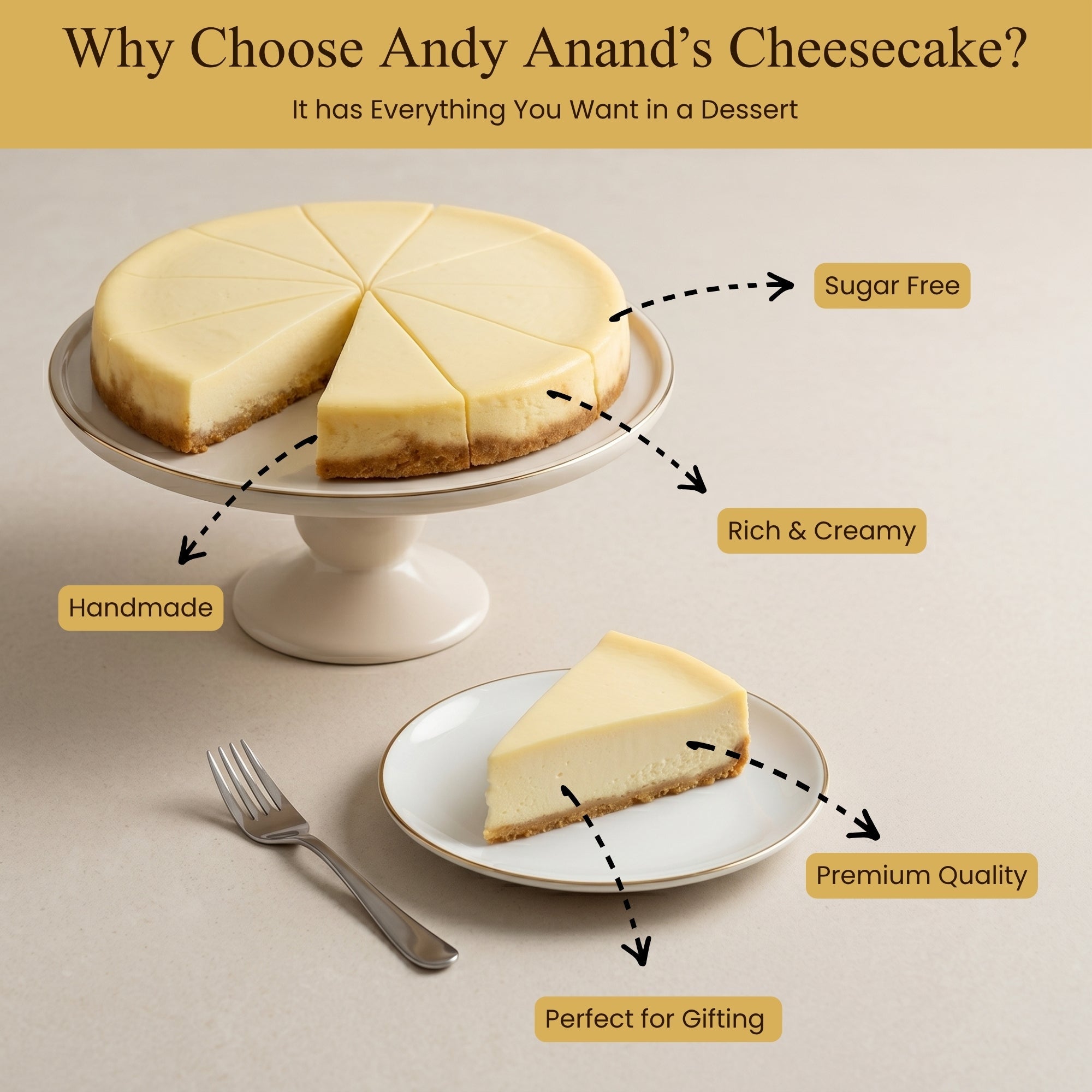 Andy Anand Sugar-Free New York Cheesecake, 9-Inch, 2 lb – Diabetic-Friendly, Low-Carb, No Preservatives, Real California Cream Cheese Gift - Overture Gifts