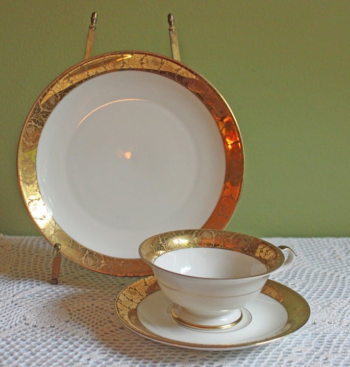 Antique Eschenbach Bavarian Porcelain Tea Trio: Gold Floral Cup, Saucer, Plate - Overture Gifts