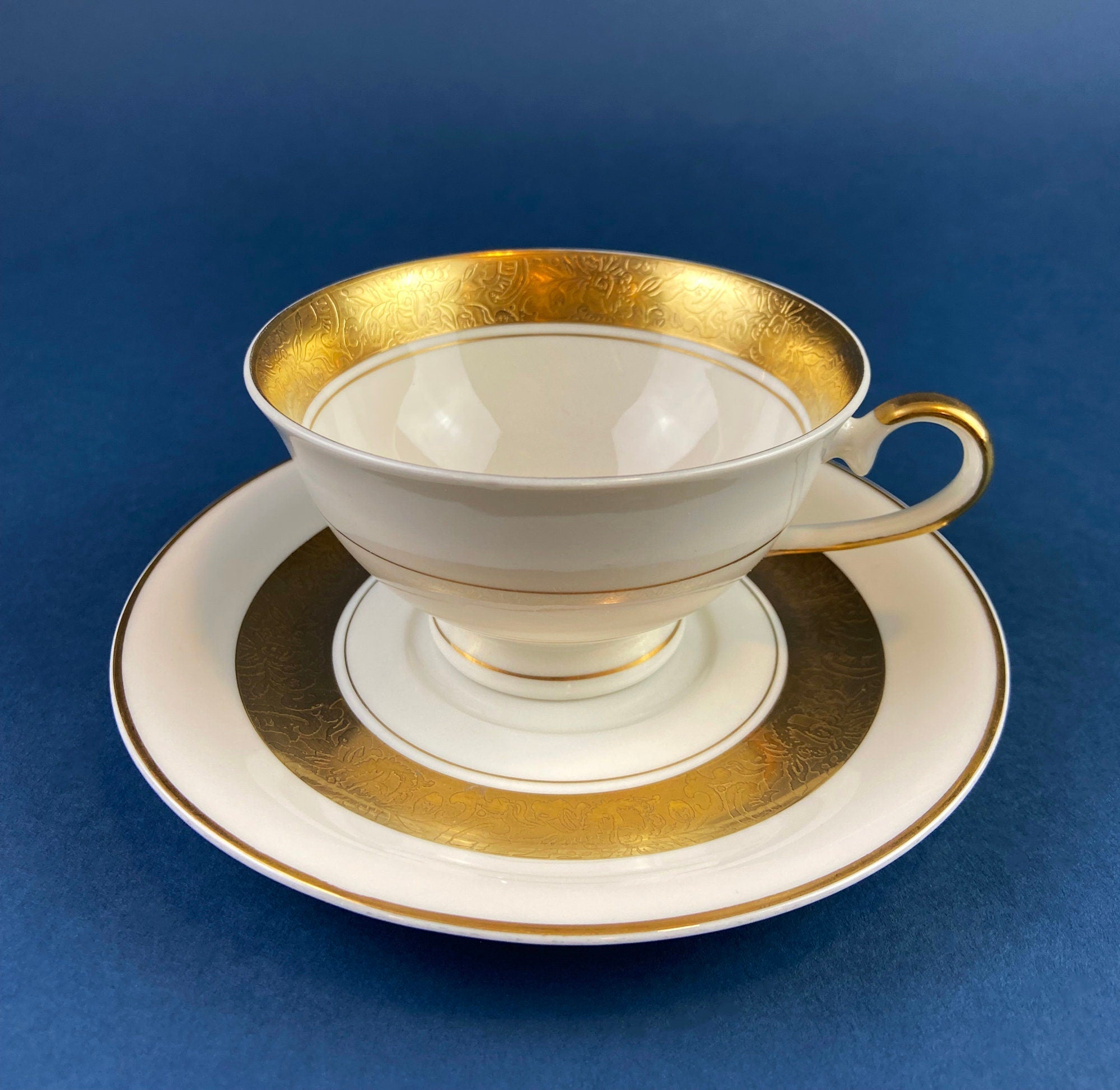 Antique Eschenbach Bavarian Porcelain Tea Trio: Gold Floral Cup, Saucer, Plate - Overture Gifts