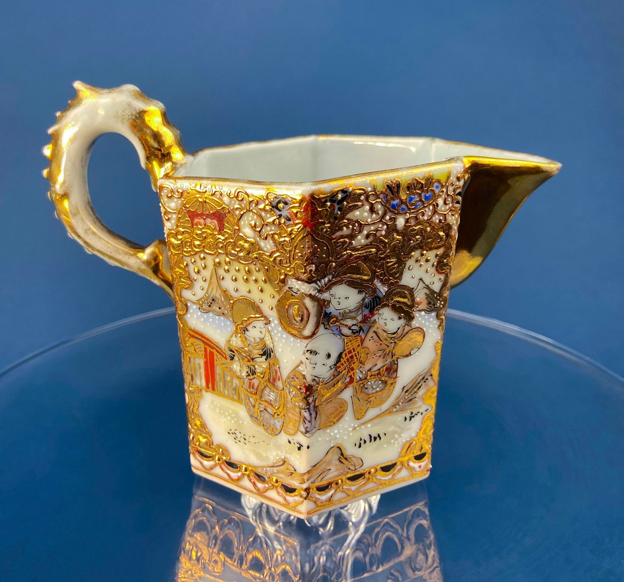 Antique Japanese Moriage Tea Cup Set. Gold Hand Painted Teaware with Teapot, Sugar Bowl, Creamer, and Six Japanese Tea Cups. - Overture Gifts