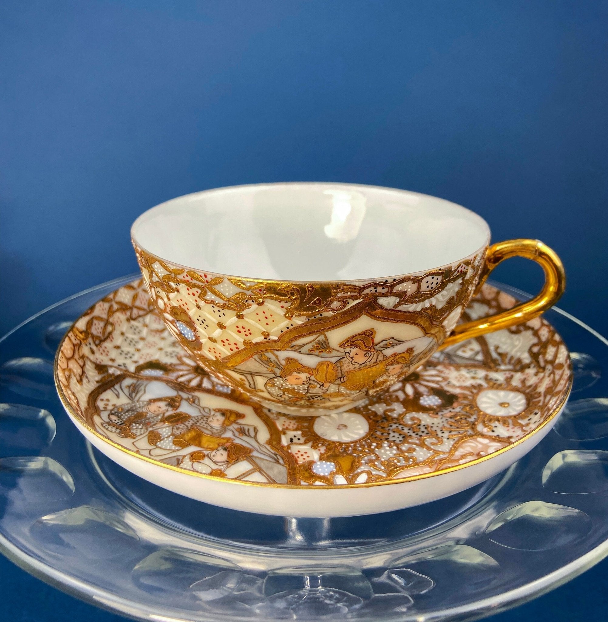 Antique Japanese Moriage Tea Cup Set. Gold Hand Painted Teaware with Teapot, Sugar Bowl, Creamer, and Six Japanese Tea Cups. - Overture Gifts