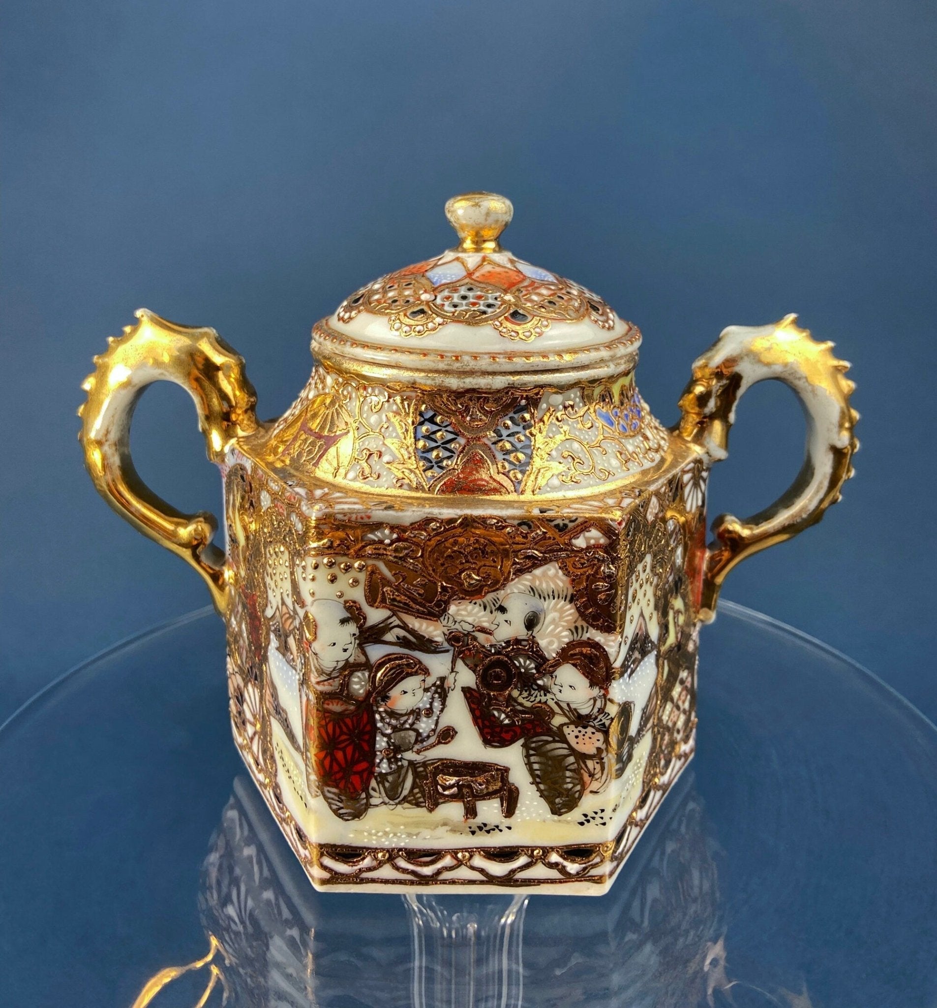 Antique Japanese Moriage Tea Cup Set. Gold Hand Painted Teaware with Teapot, Sugar Bowl, Creamer, and Six Japanese Tea Cups. - Overture Gifts