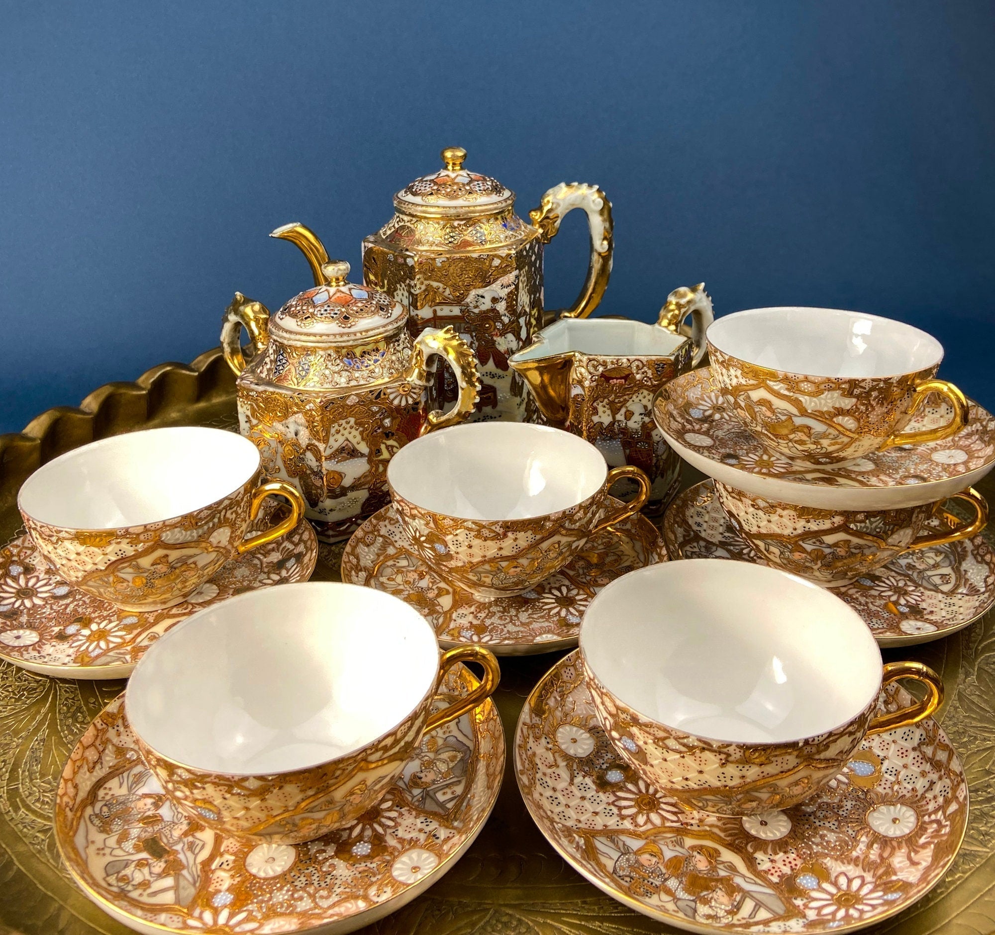 Antique Japanese Moriage Tea Cup Set. Gold Hand Painted Teaware with Teapot, Sugar Bowl, Creamer, and Six Japanese Tea Cups. - Overture Gifts