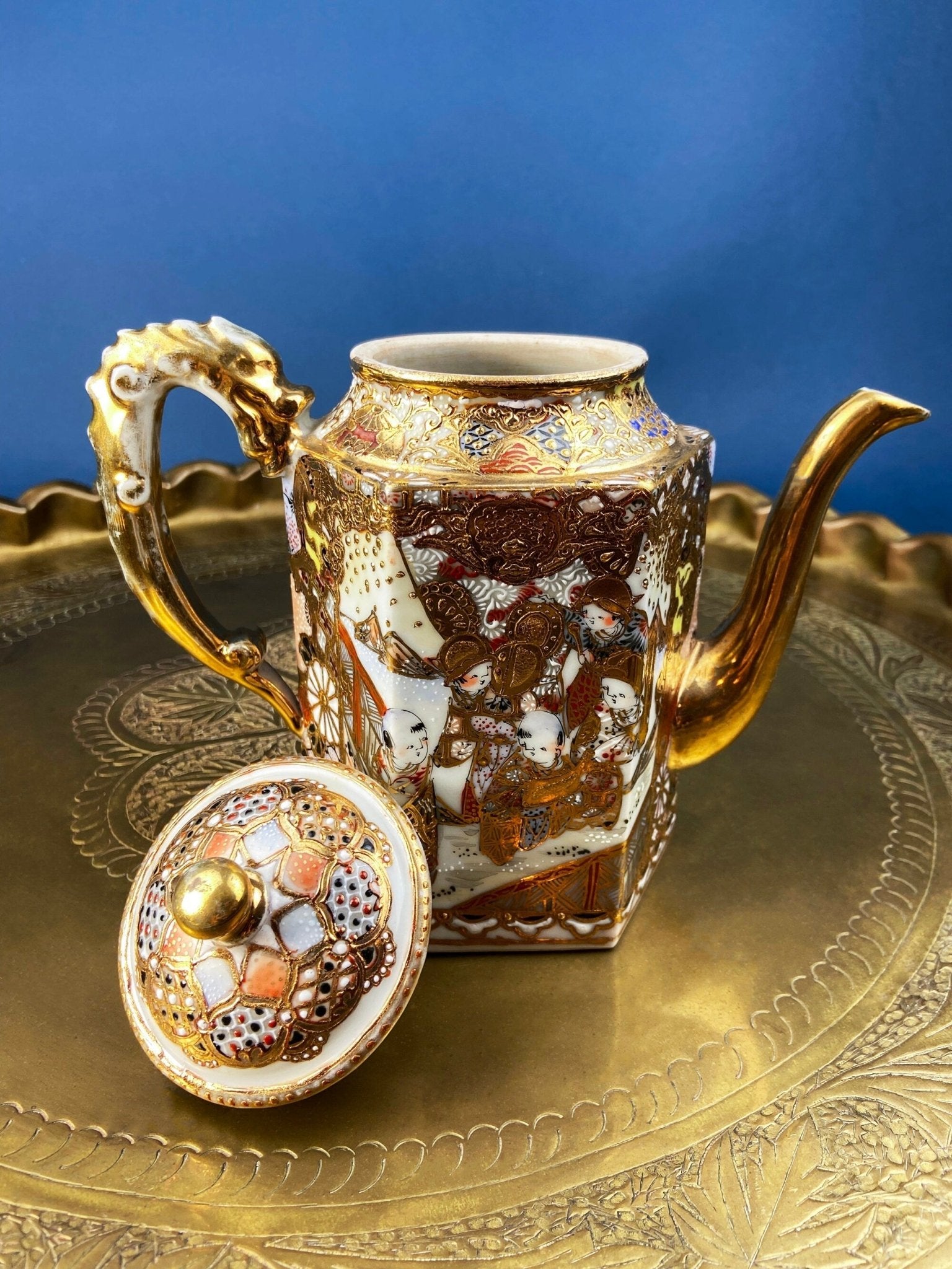 Antique Japanese Moriage Tea Cup Set. Gold Hand Painted Teaware with Teapot, Sugar Bowl, Creamer, and Six Japanese Tea Cups. - Overture Gifts