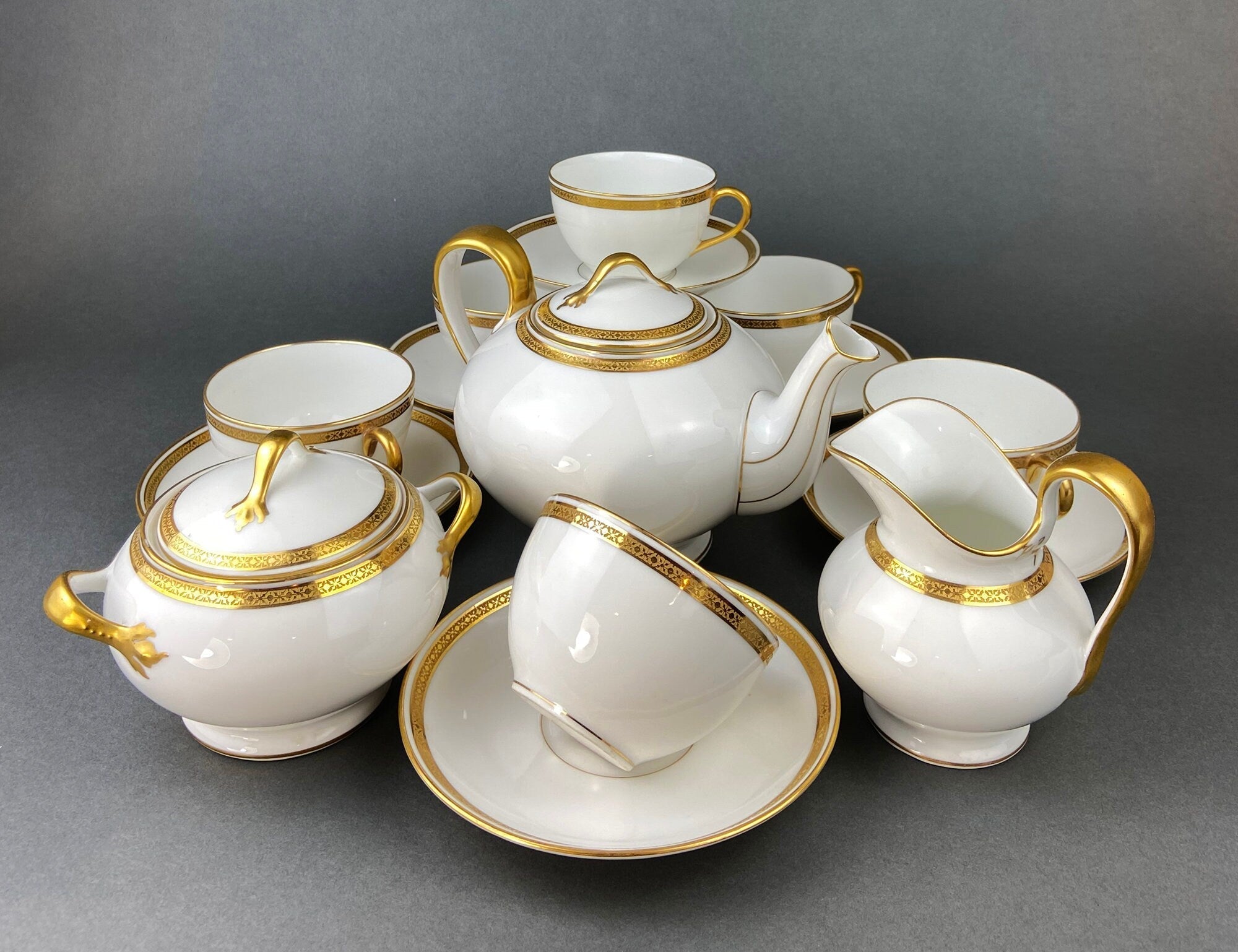 Antique Limoges Porcelain Tea Set, Haviland France, Wedding Band Cups - Overture Gifts