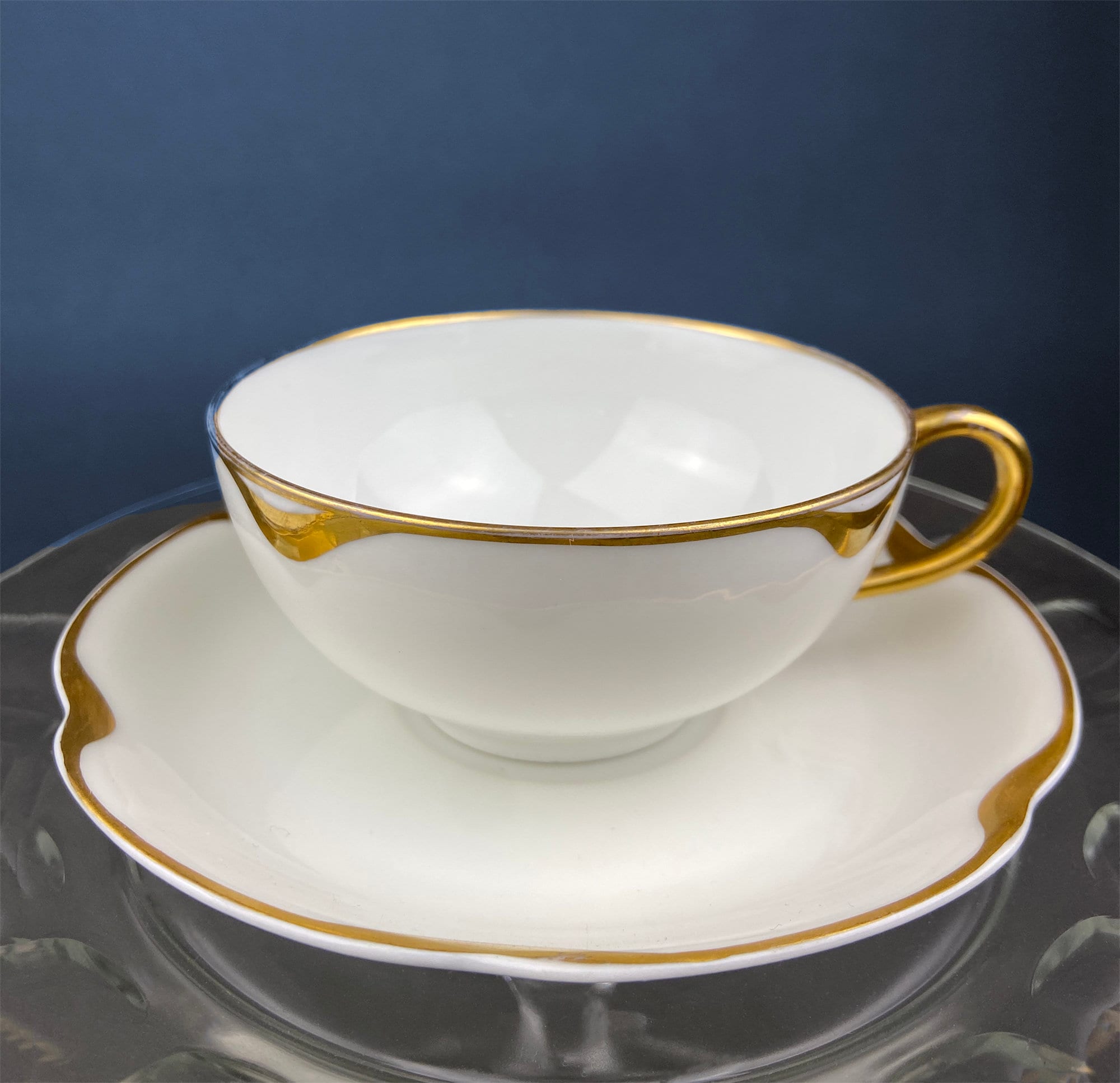 Antique Limoges Porcelain Tea Set/Trio. Tea Cup, Saucer and Salad Plate. White China with Scalloped Gold Rim, Theodore Haviland, France. - Overture Gifts